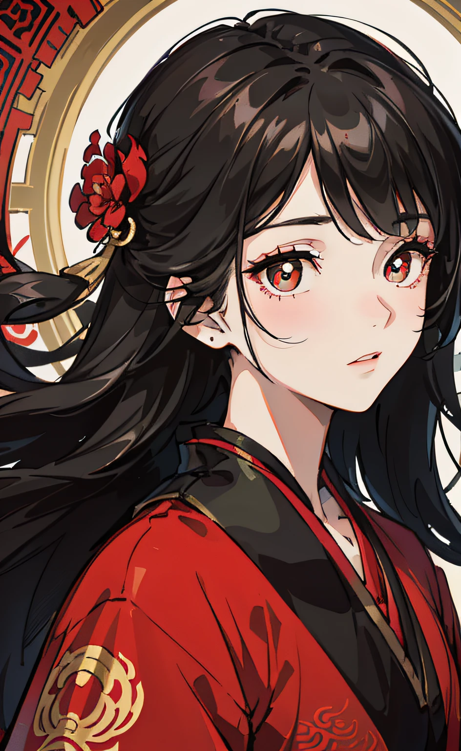 Mature girl, black hair, floating hair, delicate eyes, red pupils, heroine, black and red antique damask hanfu, FOV, f1.8, masterpiece, complex scene, gorgeous portrait shot