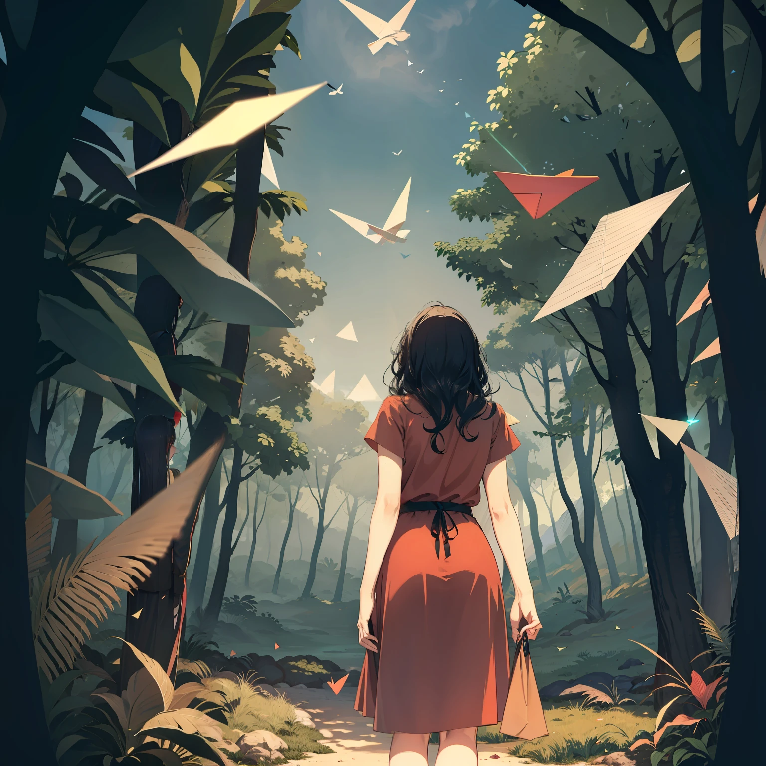 A woman with black wavy hair in a red sundress, standing in a forest, surrounded by paper planes, kilian eng vibrant colours