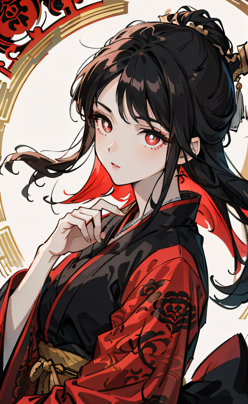 Mature girl, black hair, floating hair, delicate eyes, red pupils, heroine, black and red antique damask hanfu, FOV, f1.8, masterpiece, complex scene, gorgeous portrait shot