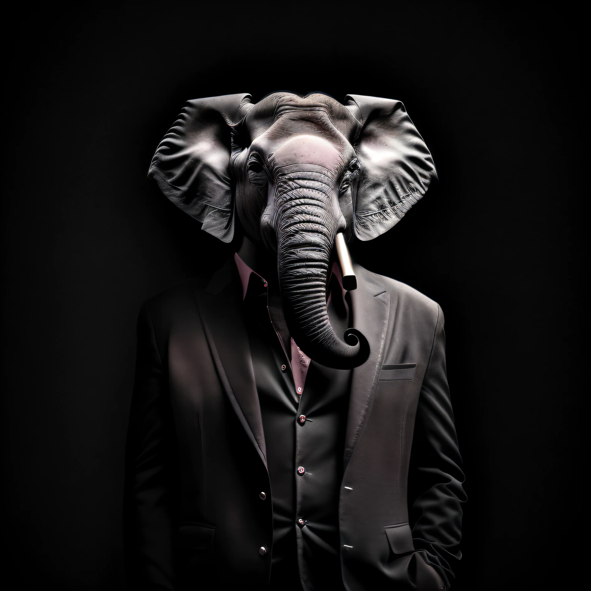 um elefante em terno rosa com gravata rosa, long medium shot, with black glasses