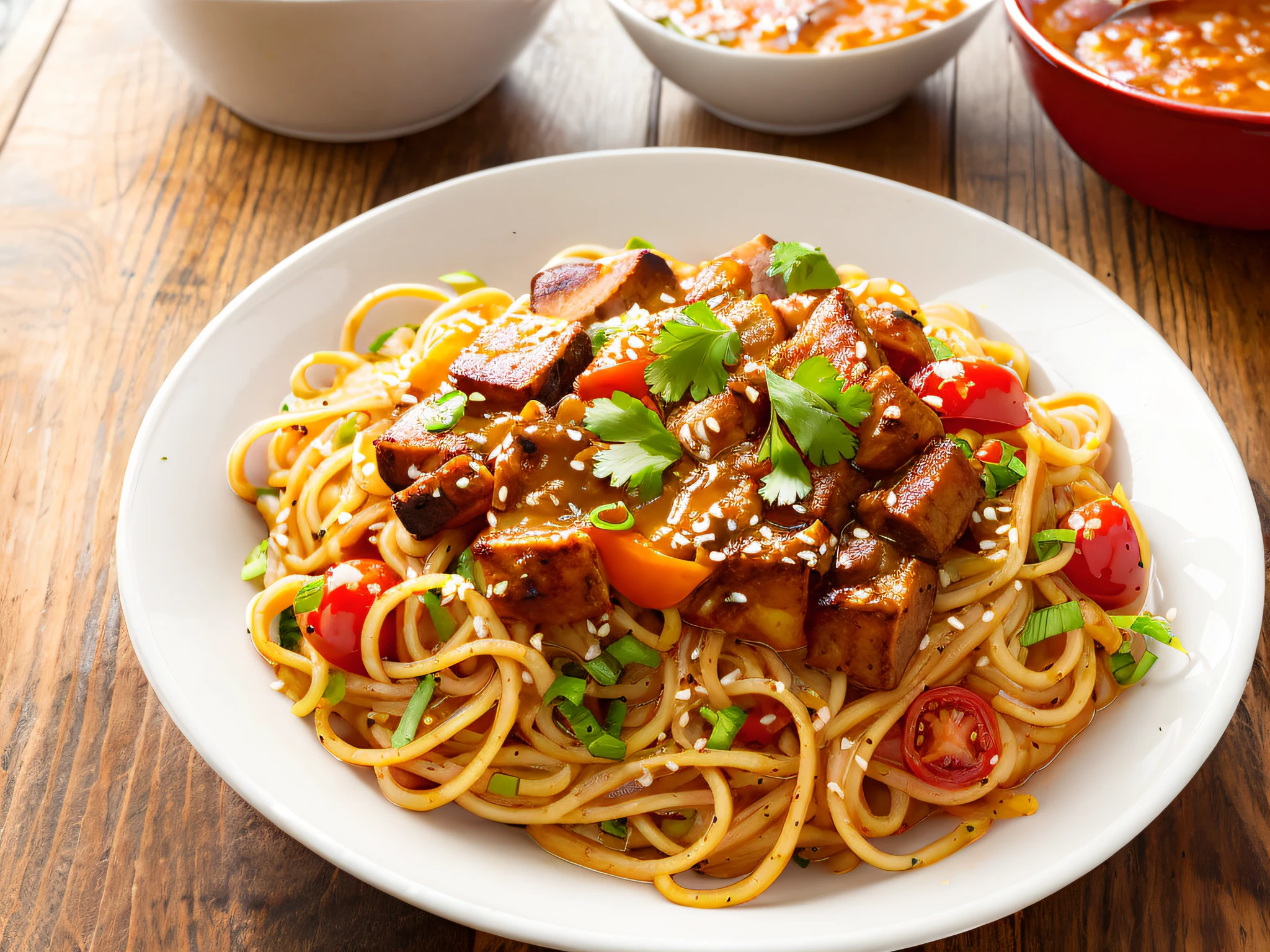 spicy American chop suey with tomato sauce on a wooden table