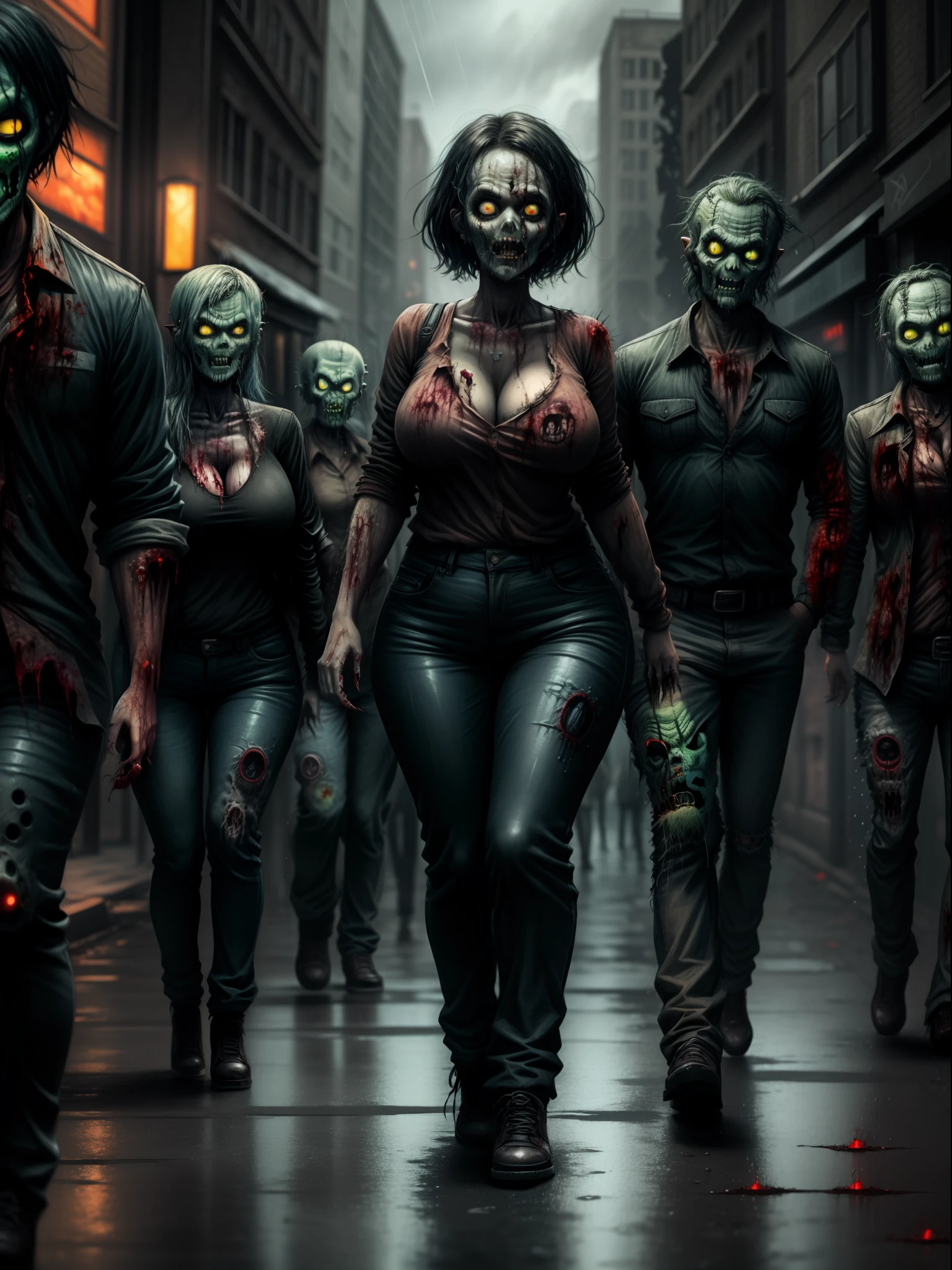 ((whole body):1.5) ((1woman):1.5) and ((Zombie Men):1.5) 1woman:{blue shirt and long black pants, shirt and pants extremely tight on her body, she has extremely heavy breasts, has short blue hair, has green eyes, is doing sexual pose, smiling, she is walking}; Zombies: {walking behind 1 woman, they are trying to get her}; background: {grim city, night, raining heavily, with lots of Zombies}, 16k, high quality, high detail, UHD,