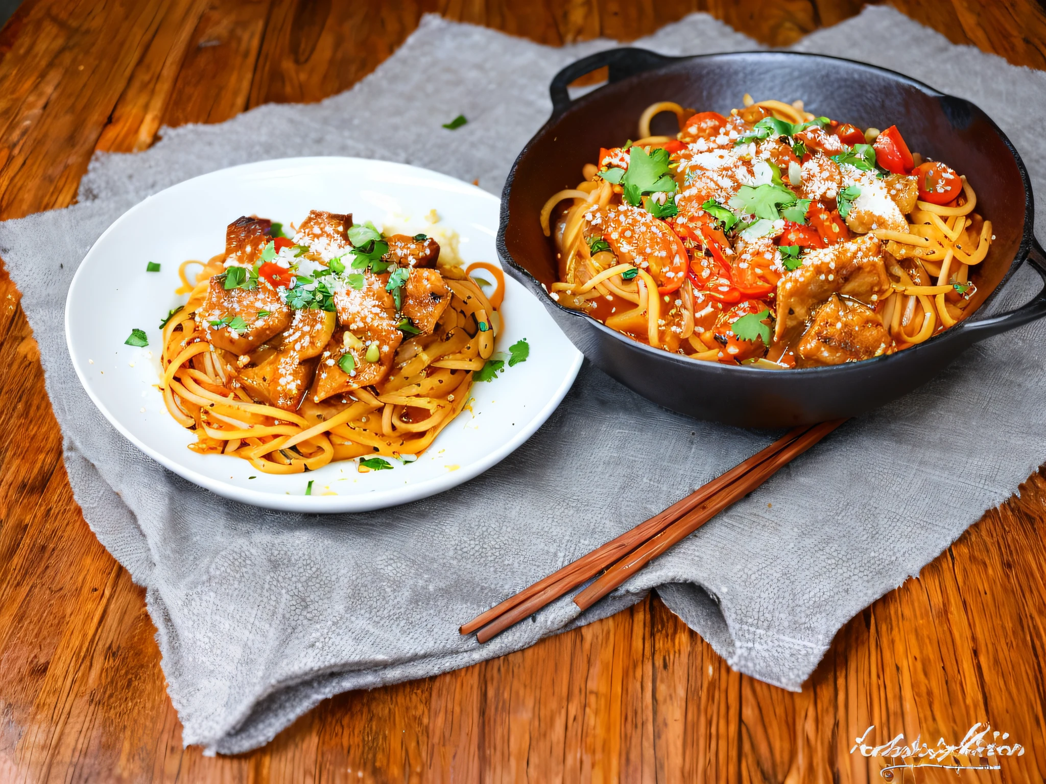 spicy American chop suey with tomato sauce on a wooden table