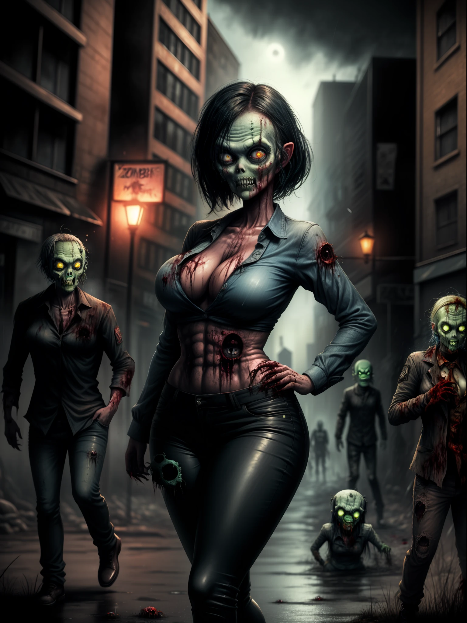 ((whole body):1.5) ((1woman):1.5) and ((Zombie Men):1.5) 1woman:{blue shirt and long black pants, shirt and pants extremely tight on her body, she has extremely heavy breasts, has short blue hair, has green eyes, is doing sexual pose, smiling, she is walking}; Zombies: {walking behind 1 woman, they are trying to get her}; background: {grim city, night, raining heavily, with lots of Zombies}, 16k, high quality, high detail, UHD,