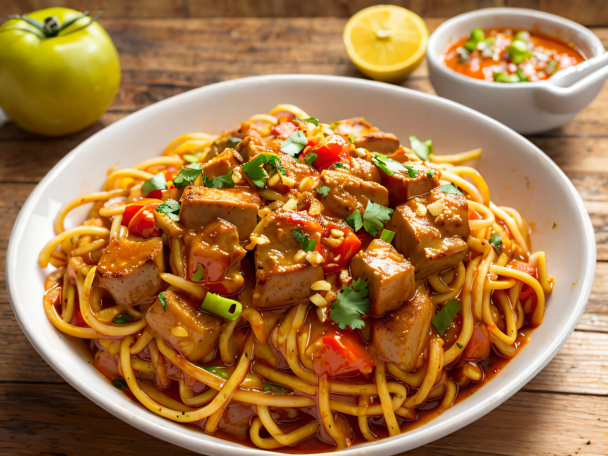 spicy American chop suey with tomato sauce on a wooden table