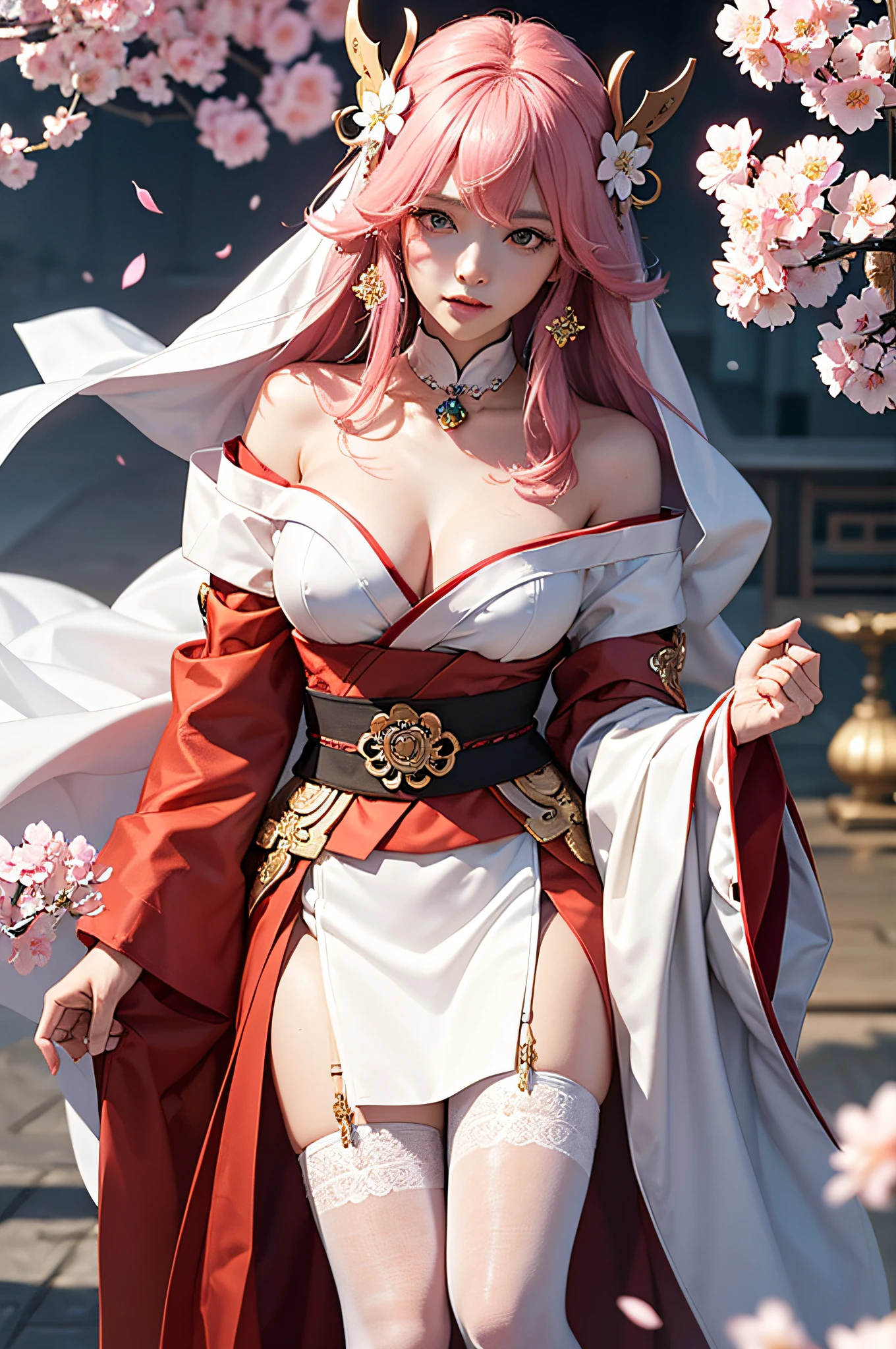 officlal art，Unity 8k wallpaper，Ultra Verbose，aesthetically pleasing，beautiful，The Masterpiece，best qulity， Yae Miko in Genshin，1 girl close-up，（Long pink hair，gold hair ornament），off shoulders，leggy，white stocking，White robe，Cherry blossoms flying，Cinematic Lights，