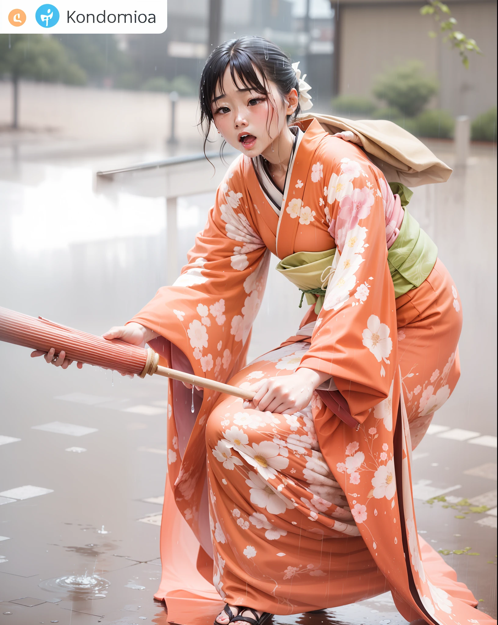 heavy raining、Kimono soaking wet、Rain dripping from kimono