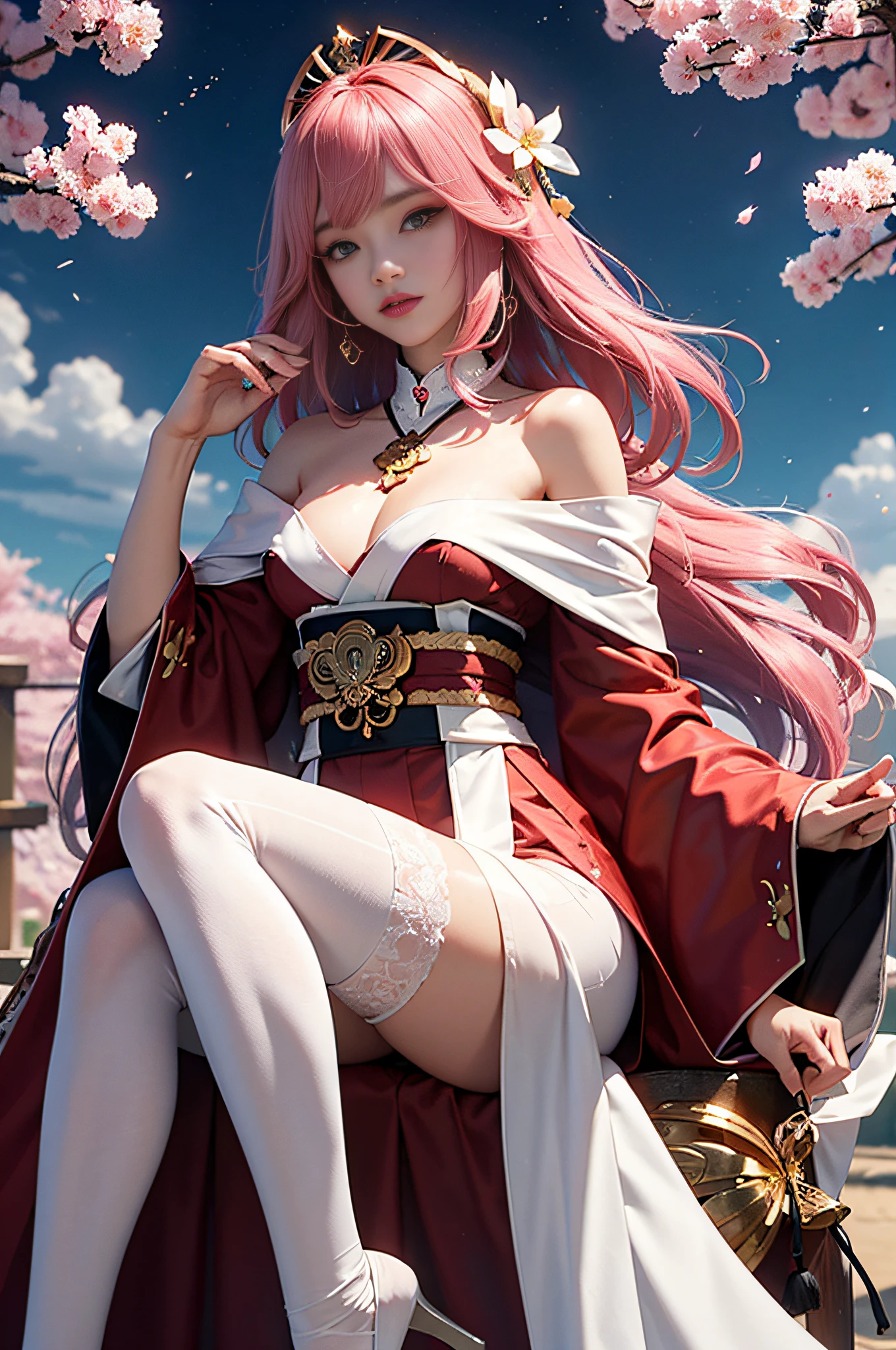 officlal art,Unity 8k wallpaper,Ultra Verbose,aesthetically pleasing,beautiful,The Masterpiece,best qulity, Yae Miko in Genshin,1 girl close-up,(Long pink hair,gold hair ornament),off shoulders,leggy,white stocking,White robe,Cherry blossoms flying,Cinematic Lights,