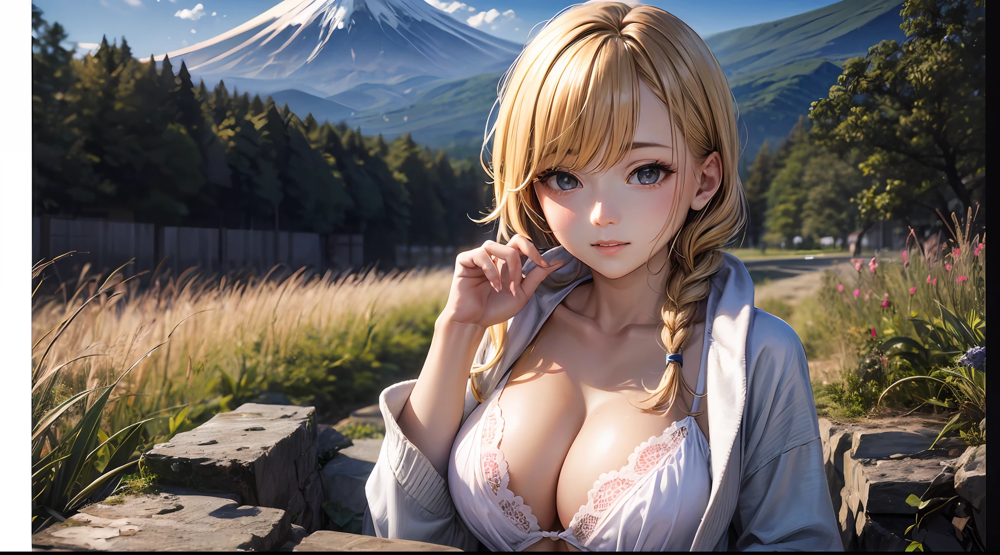 (chainsawman、Makima)、Brown skin、bathrobe、(Orange braid)、Young、Cute、Beautiful highschool girl、Perfect Style、Large big tits、Emphasizes cleavage、emotionless、Realstic、realistic、8k、extremely detaild、best qualiy、Top image quality、ultra-highres、A masterpie、only girl、(The background is Mt. Fuji in Japan)、