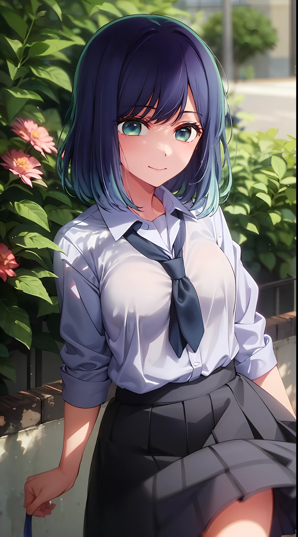 Akane、school-uniform、Sorrisos、Blue hair、Blue Eye、skirts、Flower garden