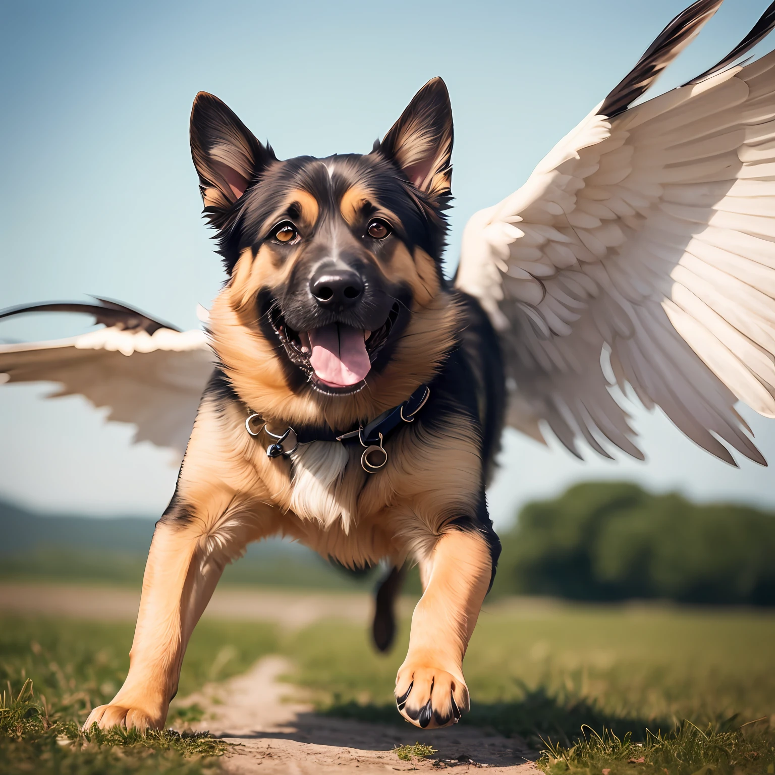 german shepherd dog, with wings, flying to the sky, with smiling face, 4k --auto