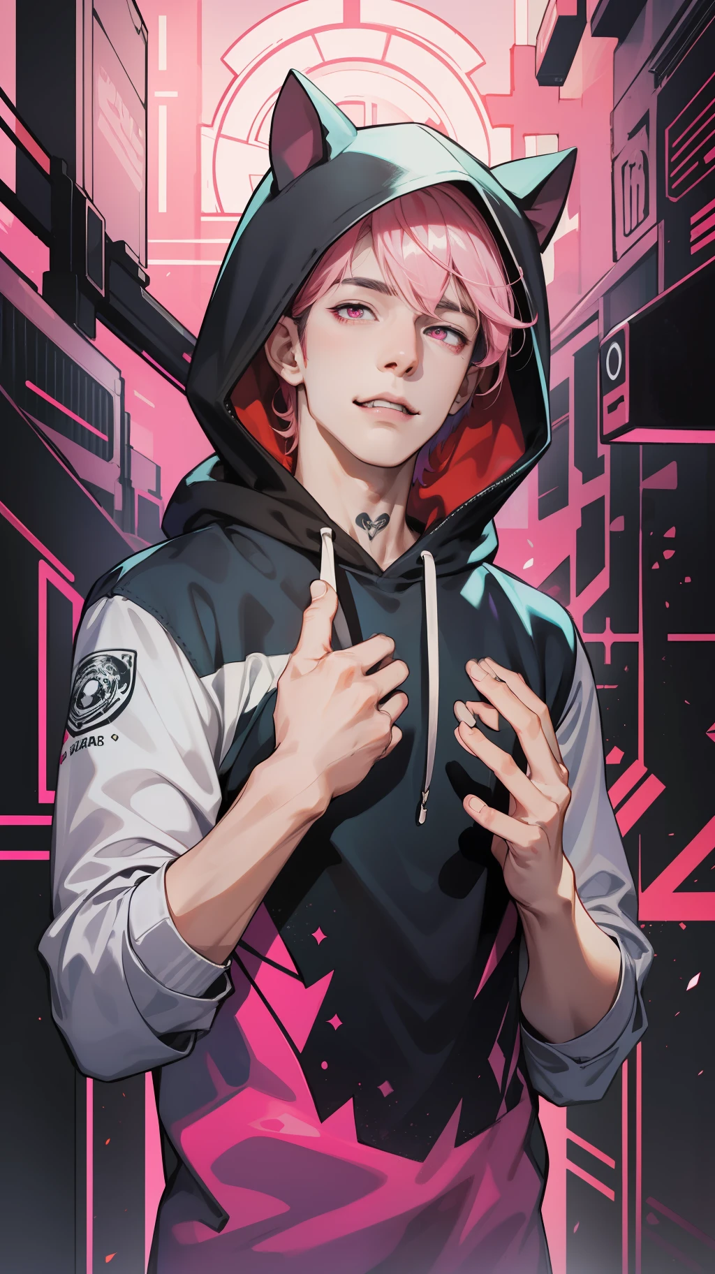 Absurdres, intricate details, masterpiece, best quality, ultra high res, 8k, 1boy, male, bat pattern big hoodie, complex patterns, skinny boy, slender, white shiny skin, light smile, big pink eyes, eye reflections, short male pink hair, outdoor, public tattoos, dark neon pink scenery, (sharp fangs:1), RAW photo, solo, arms is blackened