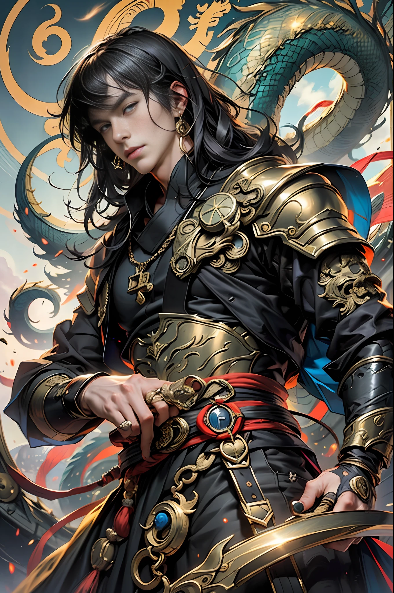 Masterpiece, best, night, full moon, 1 person, mature man, Chinese style, ancient China, black hair, black eyes, split ends, long hair, long bangs, handsome, handsome, masculine, serious, gentle, tall, calm, black gold blended, golden texture, dragon pattern, prince, palace
