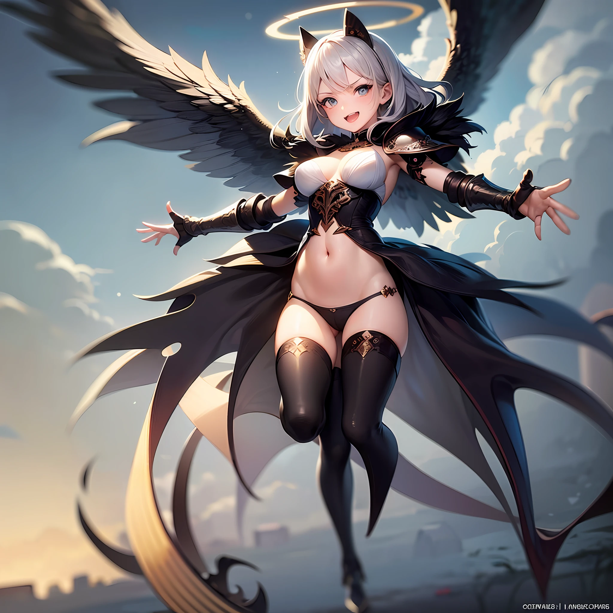 fantasy, 1angel_girl, loli,bck_color_hair, medium_bob_hair, long_bangs, halo,bare_shoulder,thighhighs,(shiny_silver_armor:1.1), waist_armor, large_breasts,angry,smile,open_mouth1pair_wings, dynamic_ pose_fighting,floating, bare_crotch, covered_nipples, covered_pussy,headgear,gauntlet, greaves, pelvic_curtain, city_sky_background,slightly_spread_legs, solo, groin_naked,(masterpiece, best quality, best quality, official art, beautiful and aesthetic:1.2), (1 girl), very detailed,