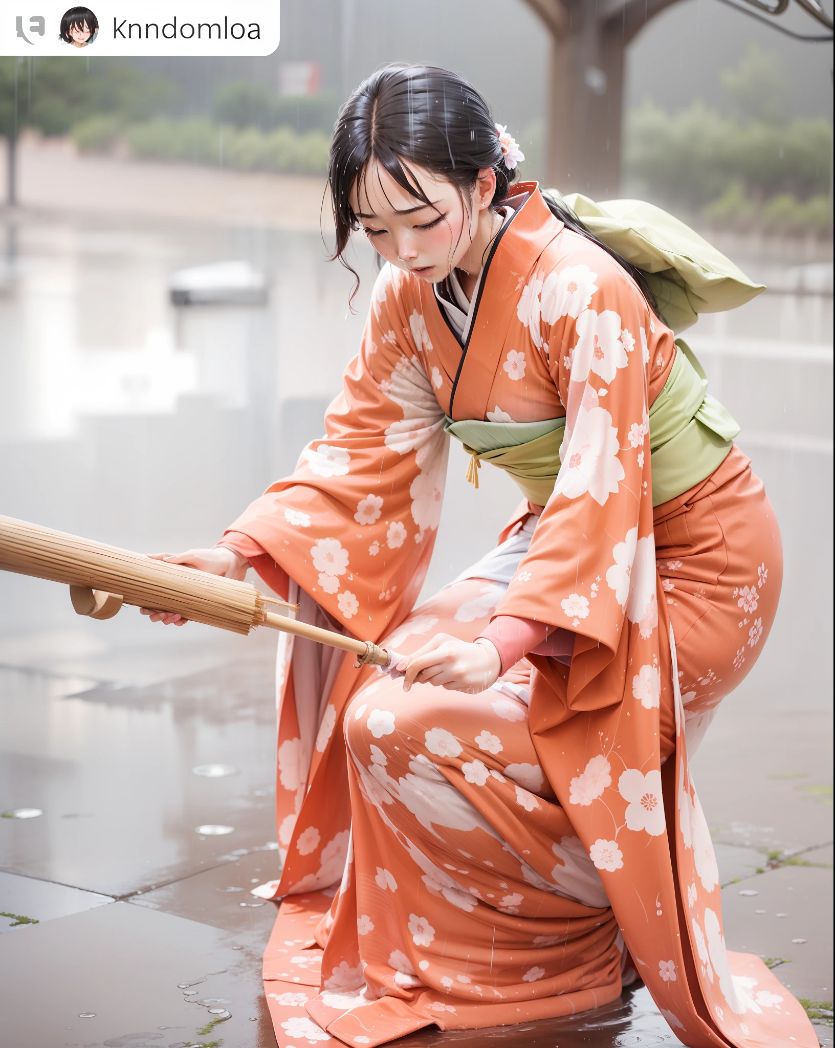 heavy raining、Kimono soaking wet、Rain dripping from kimono