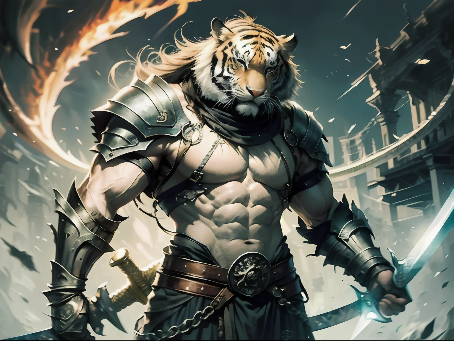 Muscular man, brown skin, long hair, angry face, black suit covering the whole body, sword of the king in one hand, a tiger face symbol on the sword, amazing designs on sword, silver Blade of the sword, bridge in the background, muscular man standing in front and many people bowing to him.