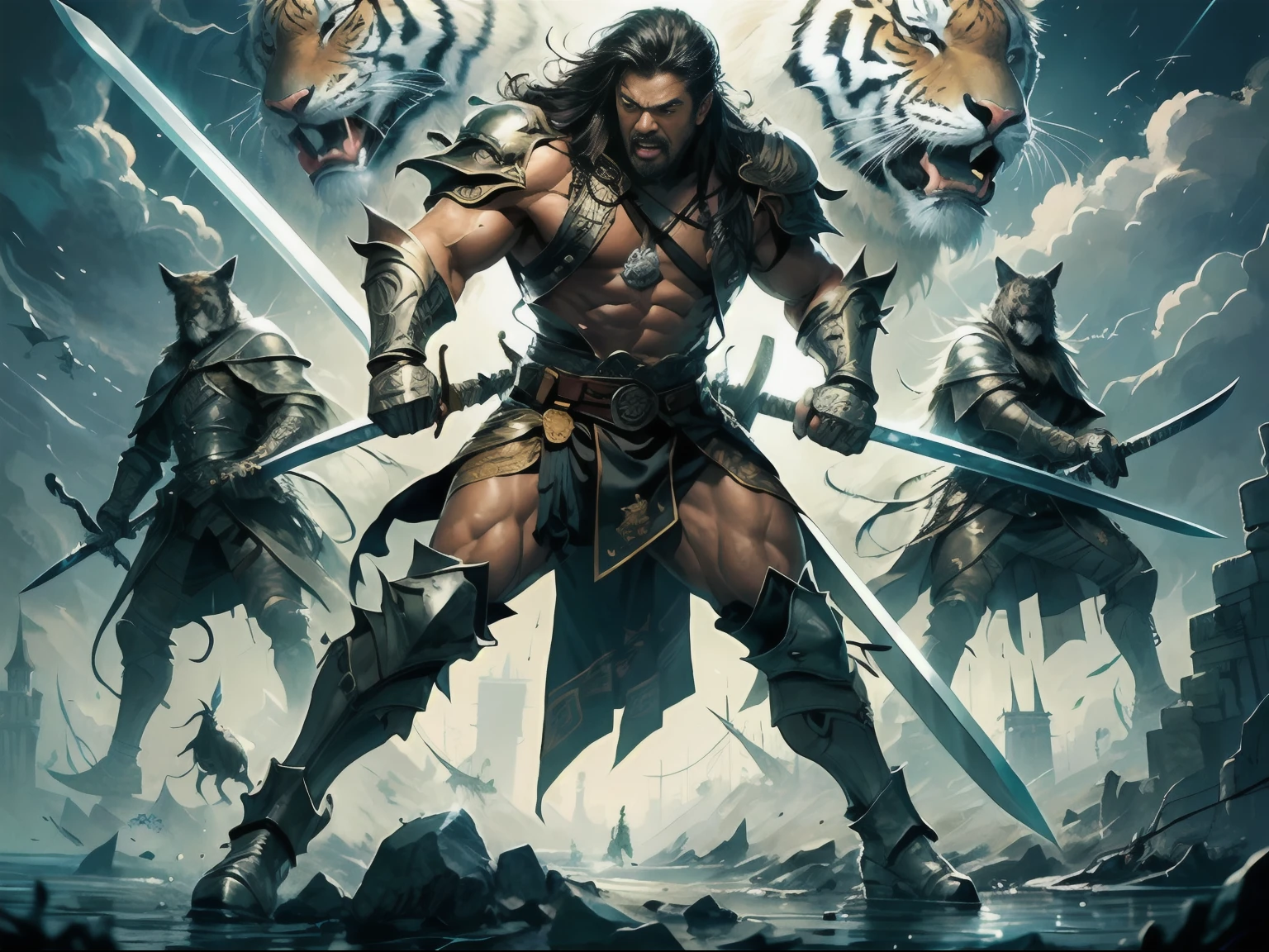Muscular man, brown skin, long hair, angry face, black suit covering the whole body, sword of the king in one hand, a tiger face symbol on the sword, amazing designs on sword, silver Blade of the sword, bridge in the background, muscular man standing in front and many people bowing to him.