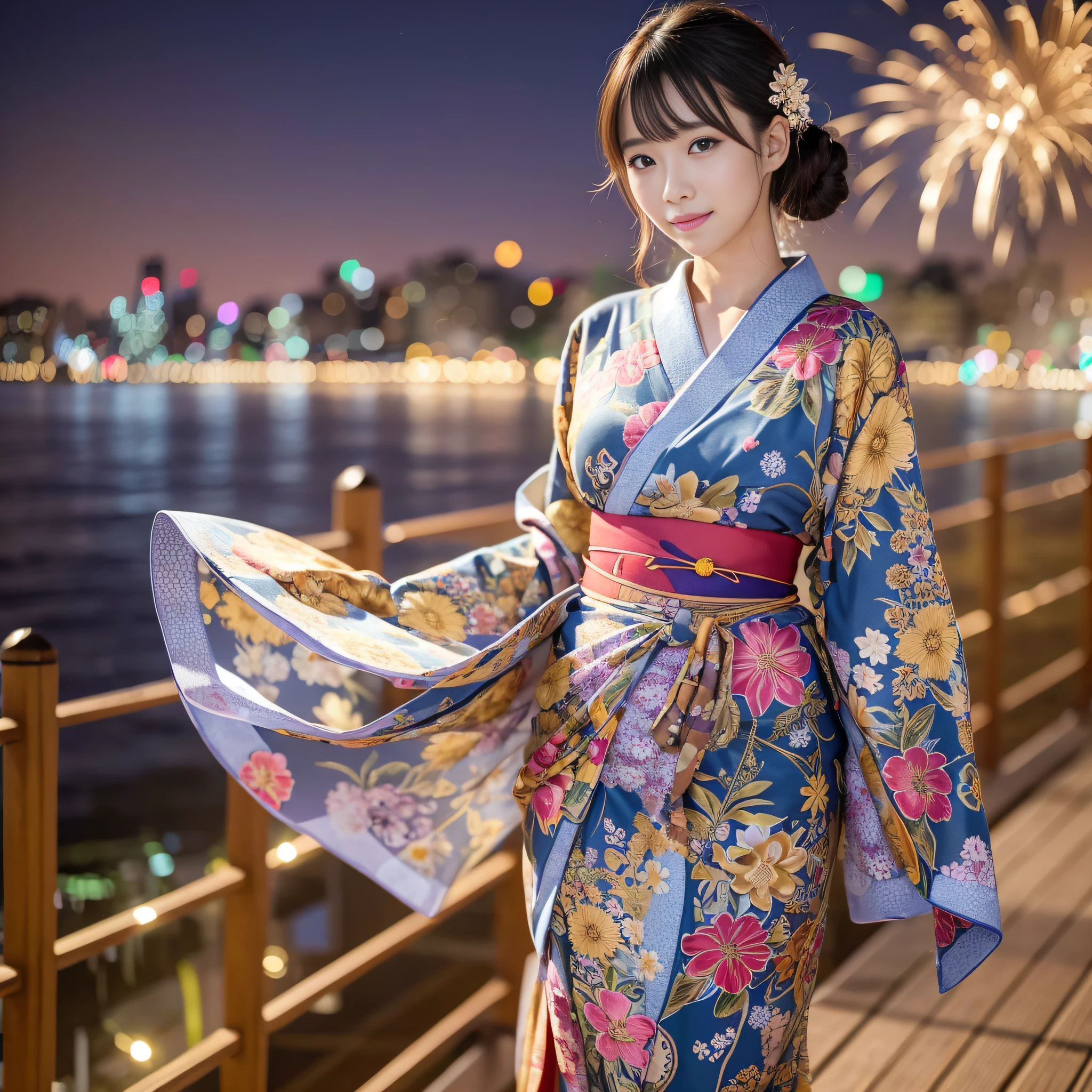(8k, masterpiece, best quality, high resolution, photorealistic, fireworks display, yokohama), (1girl), full body, 25 years old, very beautiful, Japan woman, yukata, y wide yukata obi, standing on the bridge, dense face, dense eyes, dense nose, dense lips, dense body, dense hands, upper body, sexy expression, blush, hair ornament, golden ratio body, facing forward, embarrassed smile