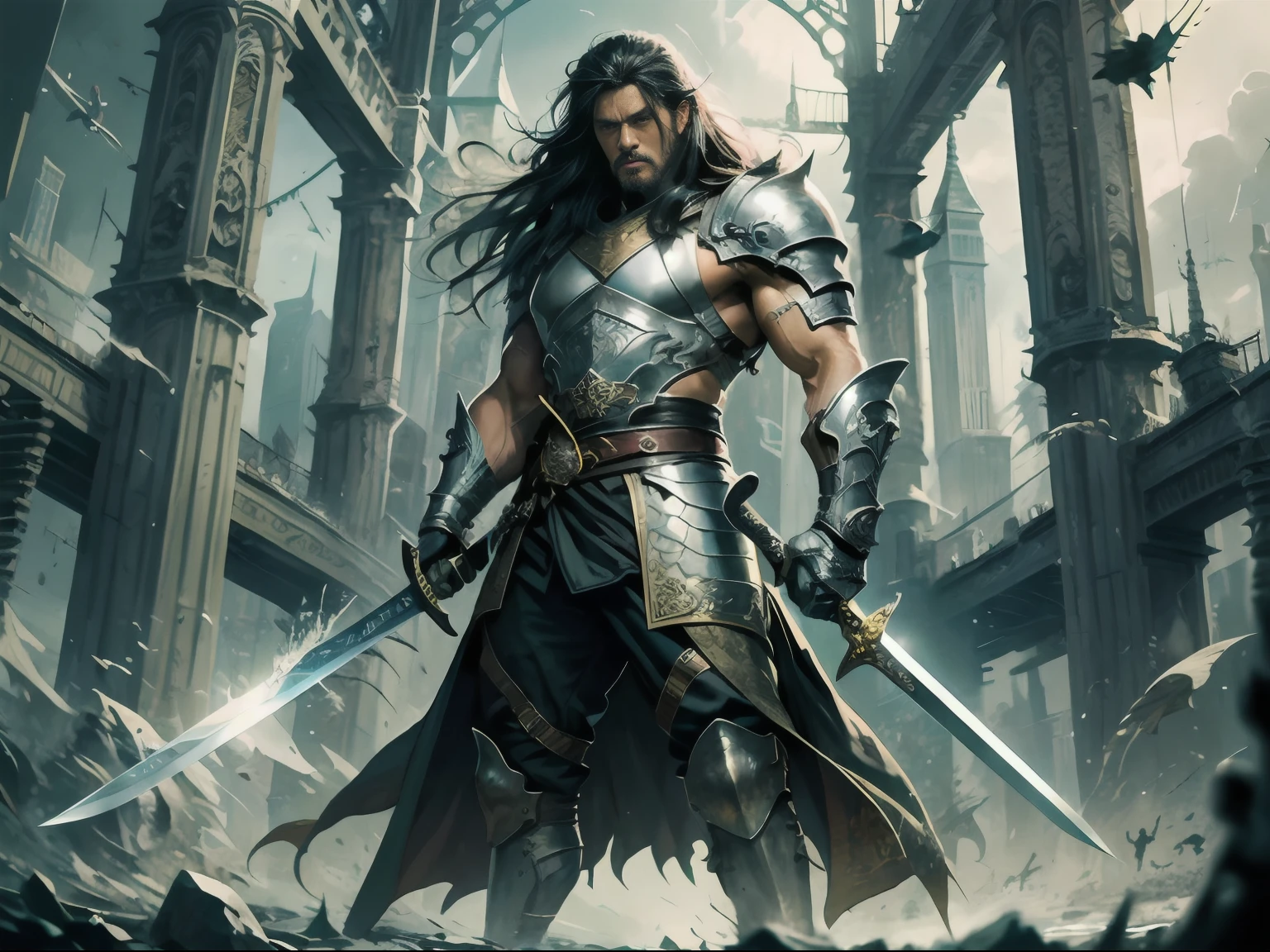 Muscular man, brown skin, long hair, angry face, black suit covering the whole body, sword of the king in one hand, a tiger face symbol on the sword, amazing designs on sword, silver Blade of the sword, bridge in the background, muscular man standing in front and many people bowing to him.