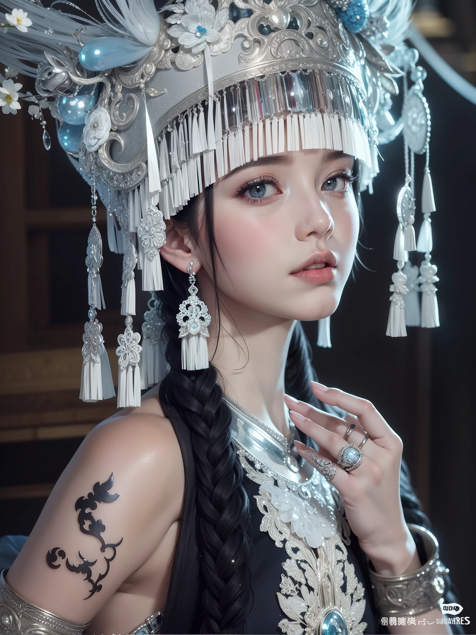 Dunhuang style, 1girle, (realistic, photorealistic :1.3), (((dance))), extremely delicate beautiful girl, supple fair skin, delicate facial features, perfect face, light makeup, peach blossom eye makeup, sexy collarbone, portrayed hand details, delicate hands, delicate eyelashes, delicate eyes, bare shoulders, stunning beauty, extreme details, realistic details, best quality, highly detailed, masterpiece, shoulder, navel, flying pipa girl, The background is a Dunhuang mural, dance moves, one hand raised above the head, One hand stretched forward, Buddhist pose, gray hair, long hair, complex hair accessories, Chinese hairpins, fluttering ribbons, dynamic perspective, hair bubbles, flowers on the head, gradient eyes, smile, surrealism, high detail, romanticism, cinematic lighting, glitter, reflected light, UHD, retina, masterpiece, super detail, textured skin, anatomically correct, high detail, best quality, high resolution, high quality, award-winning, 8K