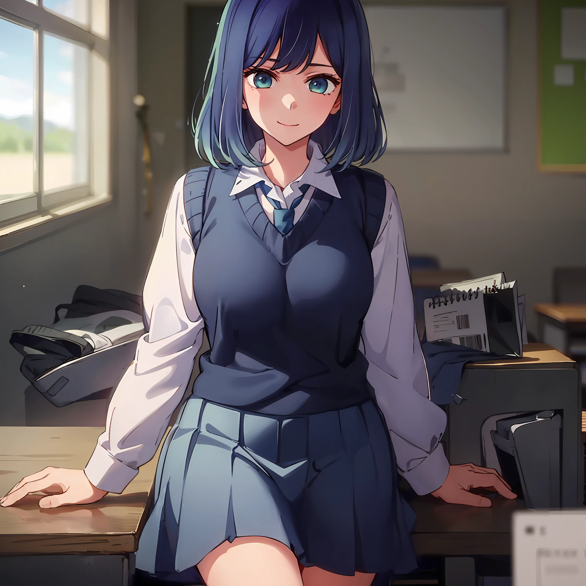 Akane、a school uniform、Classrooms、Sorrisos、Blue hair、Blue Eye、skirts、vests、Medium breasted、Blue ribbon