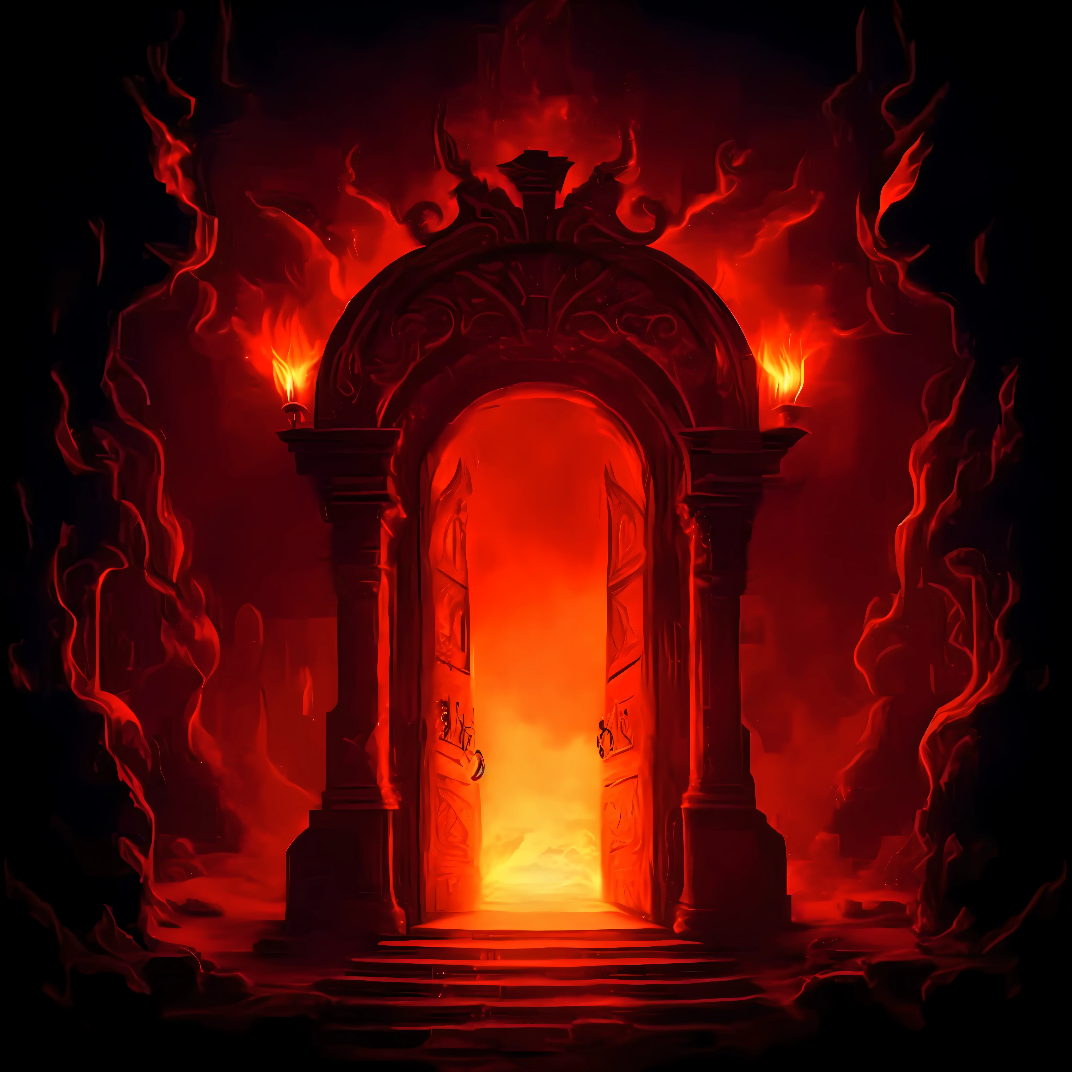 a red fire door in a dark room with a fire coming out, a portal to the lost flame realm, portal to hell, gate to hell, the gate to hell, the gates of hell, gates of hell, the great door of hell, hell background, portal to the ethereal realm, studying a hell open rift portal, a portal to the depths