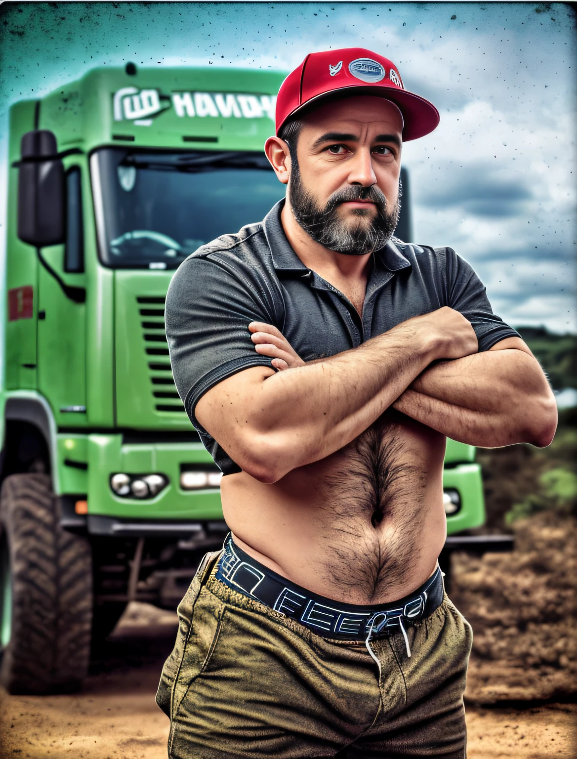 A full-body photograph portrait A 40-year-old heavy truck driver, wearing cap,  fole, delgado, wearing a very small torso showing very hairy pubis, epic realistic, fotografia, desbotado, Cores Neutras, ((( (HDR)))), ((((cores silenciadas)))), cena intrincada, Artstation, detalhes intrincados, vinheta --auto --s2