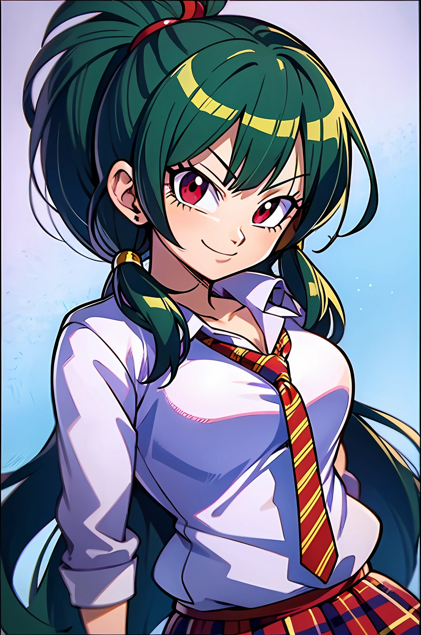 light smile, schoolgirl attire, white blouse with yellow jacket, green striped tie, red plaid skirt, red eyes and red hair in a twin ponytail, (style of dragon ball z and fairy tail anime), (illustrated by Akira Toriyama and Hiro Mashima), (style mixing), Lucy Heartfilia, Bulma