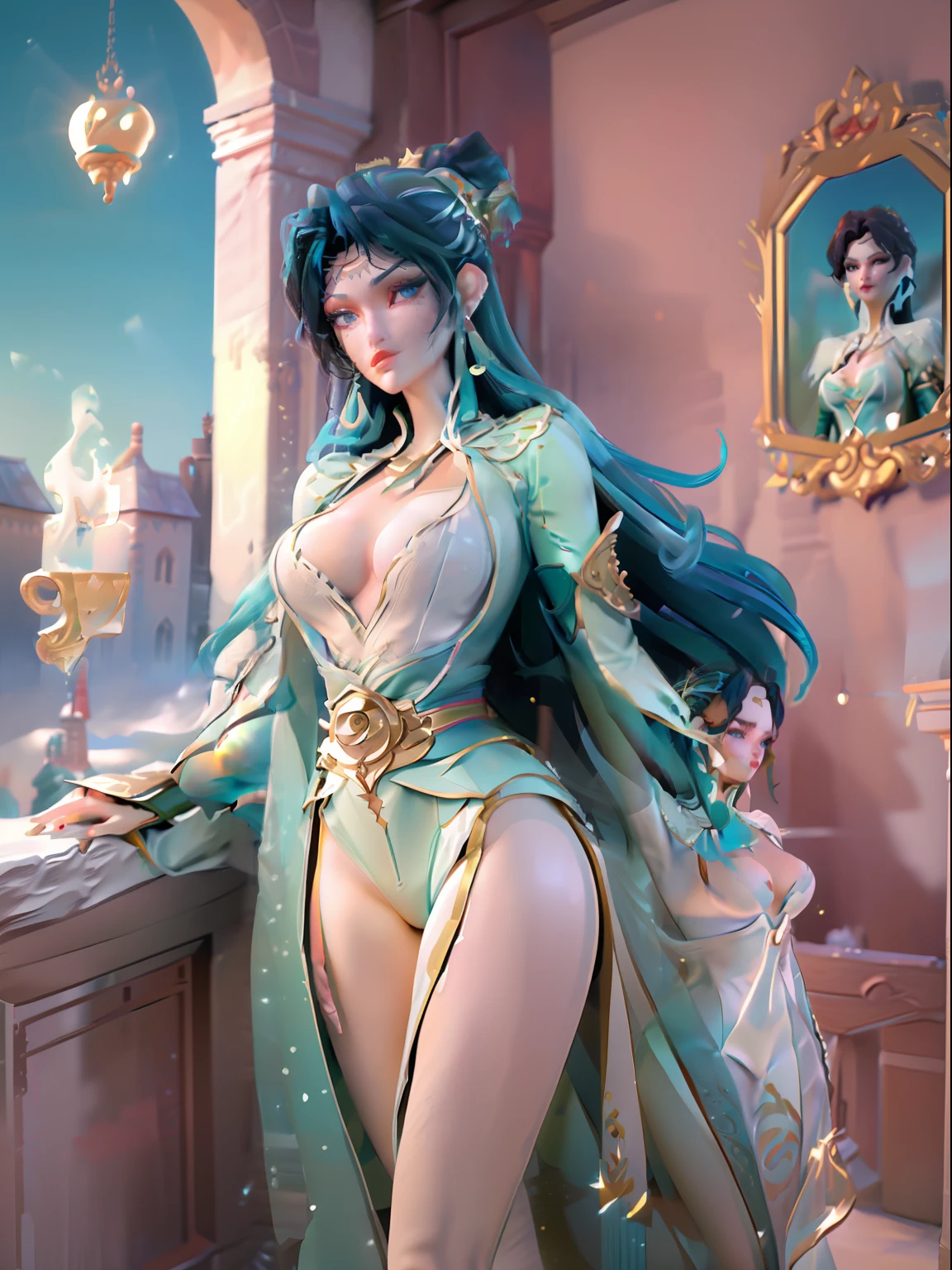 (Best quality, 4k, Masterpiece :1.3), beautiful woman, hyper realistic, 1girl, (massive breasts, attractive body :1.2), Wallpaper HD, Standing on castle, ultra-detailed face, detailed lips, detailed eyes, double eyelid, sensual low-necked dress, open neckline, hanging breasts, Walking pose, visible curves, transparent robe, muscular turned leg, shiny body