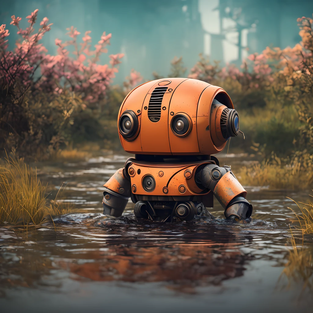 ultra professional cinematic landscape photo of a soaking wet of machine oil cute chibi robot in a pond full of oil in the middle of the abandoned ruined city, ultra maximalism, abandoned city covered by recovering vegetation after nuclear blast atmosphere, background indentation, cinematic, dimmed colors, ultra warm shot, muted colors, orange-pink-yellow colors, film grainy, lut, insane details, intricate details, hyperdetailed, postapocalyptic, twilight, ultra warm panoramic morning detailed background by Wadim Kashin,