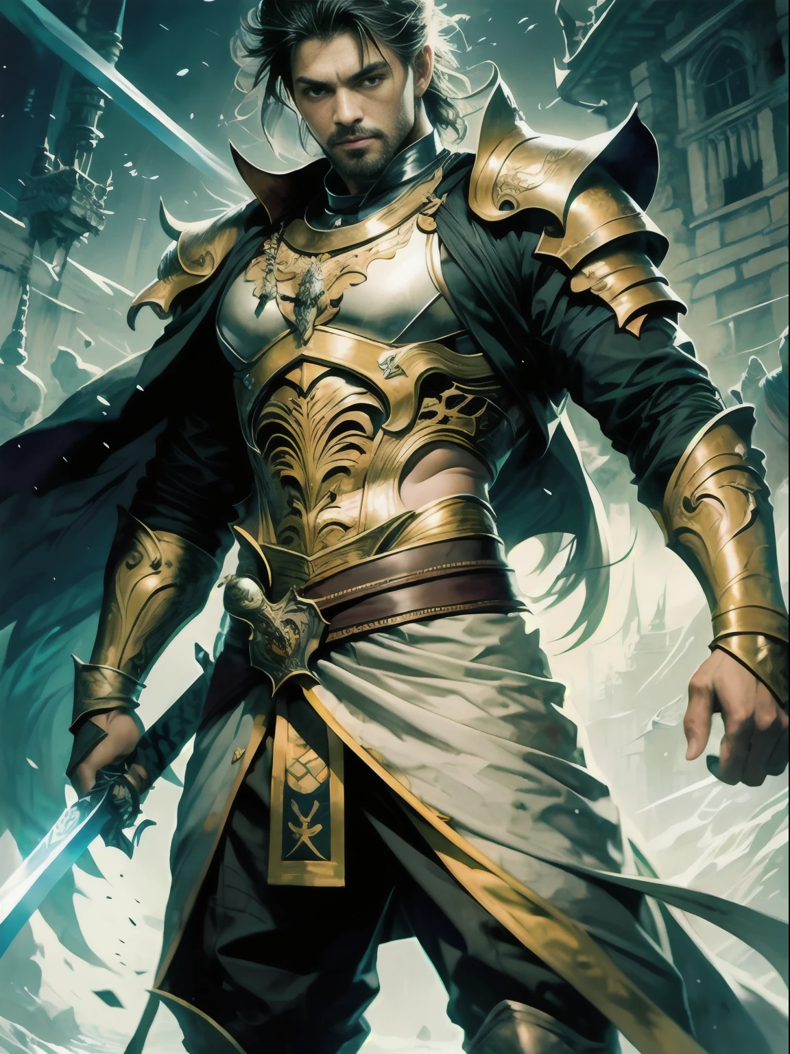 Hombre musculoso, piel morena, Cabello largo, cara enojada, Traje negro que cubre todo el cuerpo, Espada del Rey en una mano, a tiger face symbol on the sword, amazing designs on sword, Hoja plateada de la espada, Puente en el fondo, muscular man standing in front and many people bowing to him.