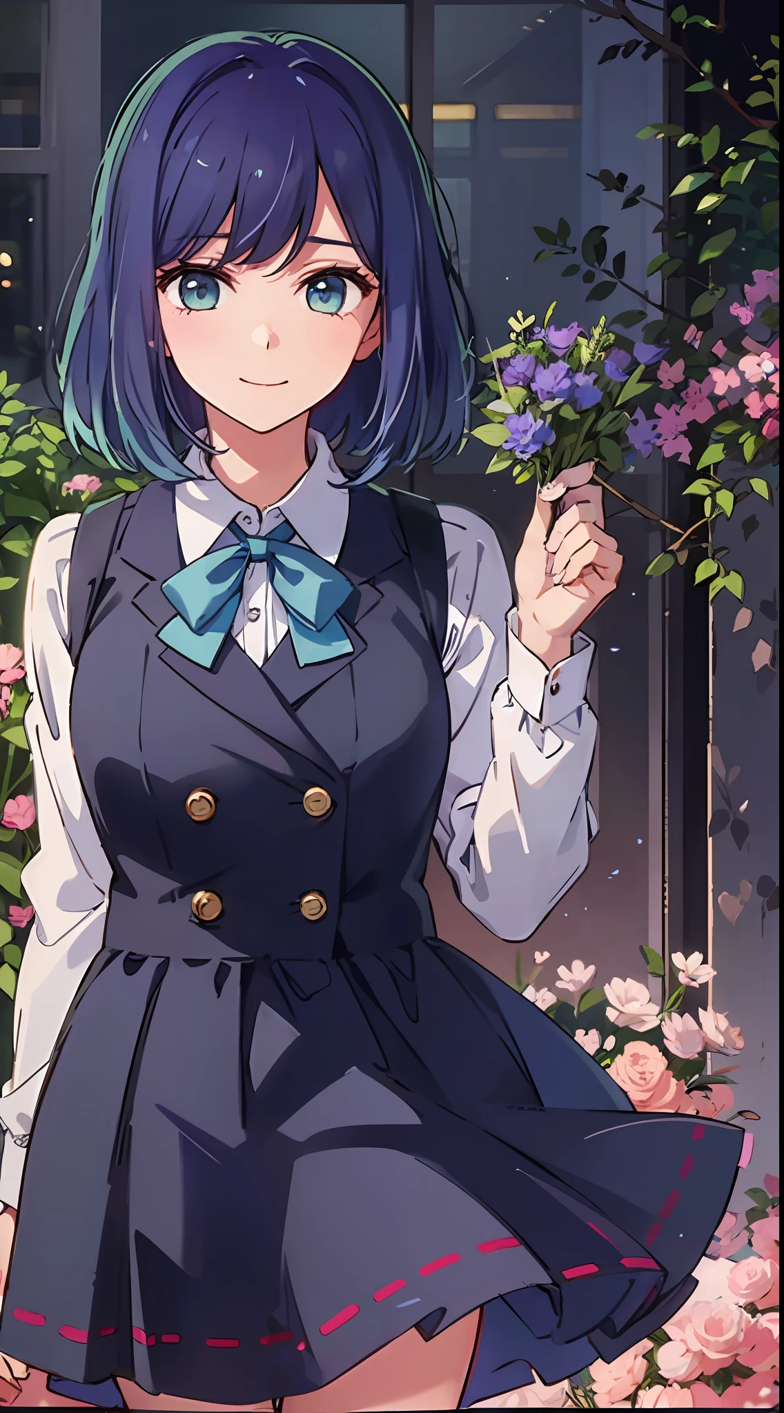 Akane、a school uniform、Sorrisos、Blue hair、Blue Eye、skirts、Flower garden、vests、Medium breasted、Blue ribbon