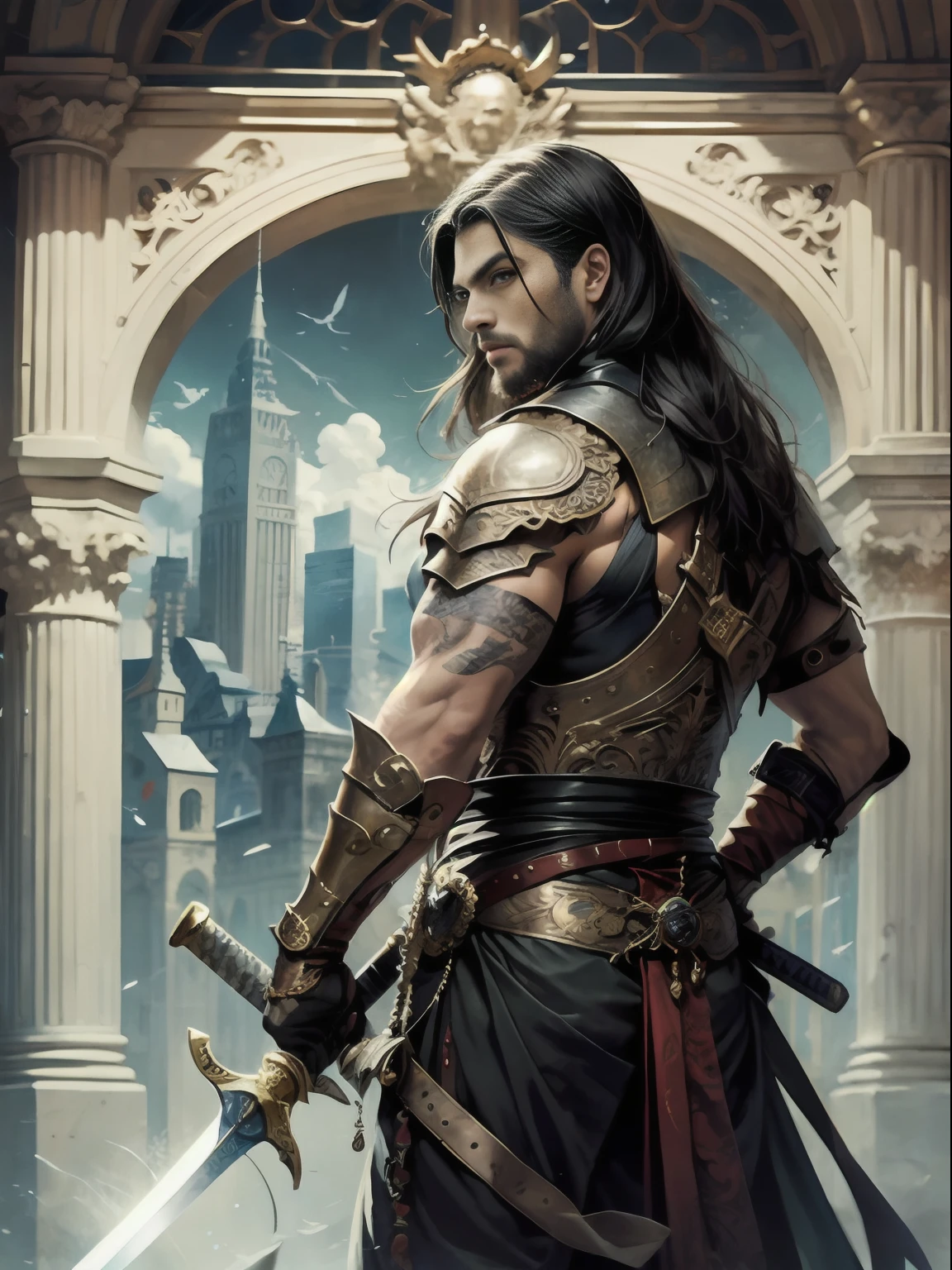 Hombre musculoso, piel morena, Cabello largo, cara enojada, Traje negro que cubre todo el cuerpo, Espada del Rey en una mano, a tiger face symbol on the sword, amazing designs on sword, Hoja plateada de la espada, Puente en el fondo, muscular man standing in front and many people bowing to him.