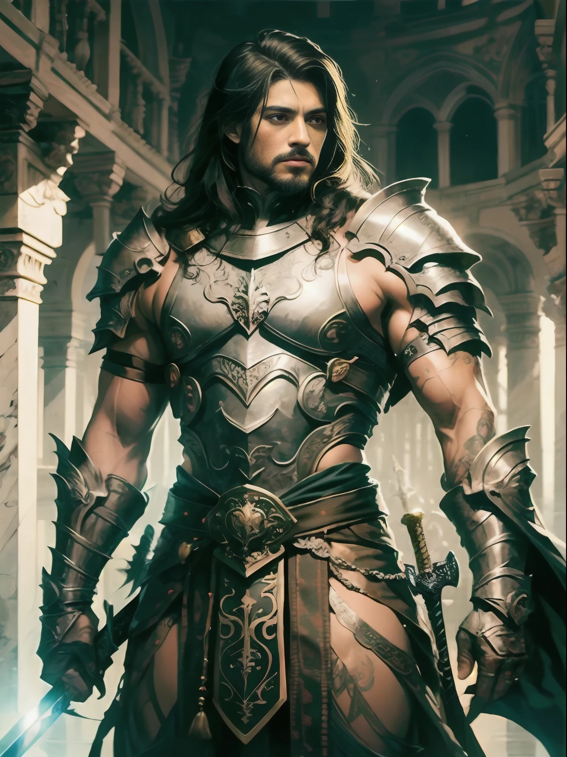 Hombre musculoso, piel morena, Cabello largo, cara enojada, Traje ????? que cubre todo el cuerpo, Espada del Rey en una mano, a tiger face symbol on the sword, amazing designs on sword, Hoja plateada de la espada, Puente en el fondo, muscular man standing in front and many people bowing to him.