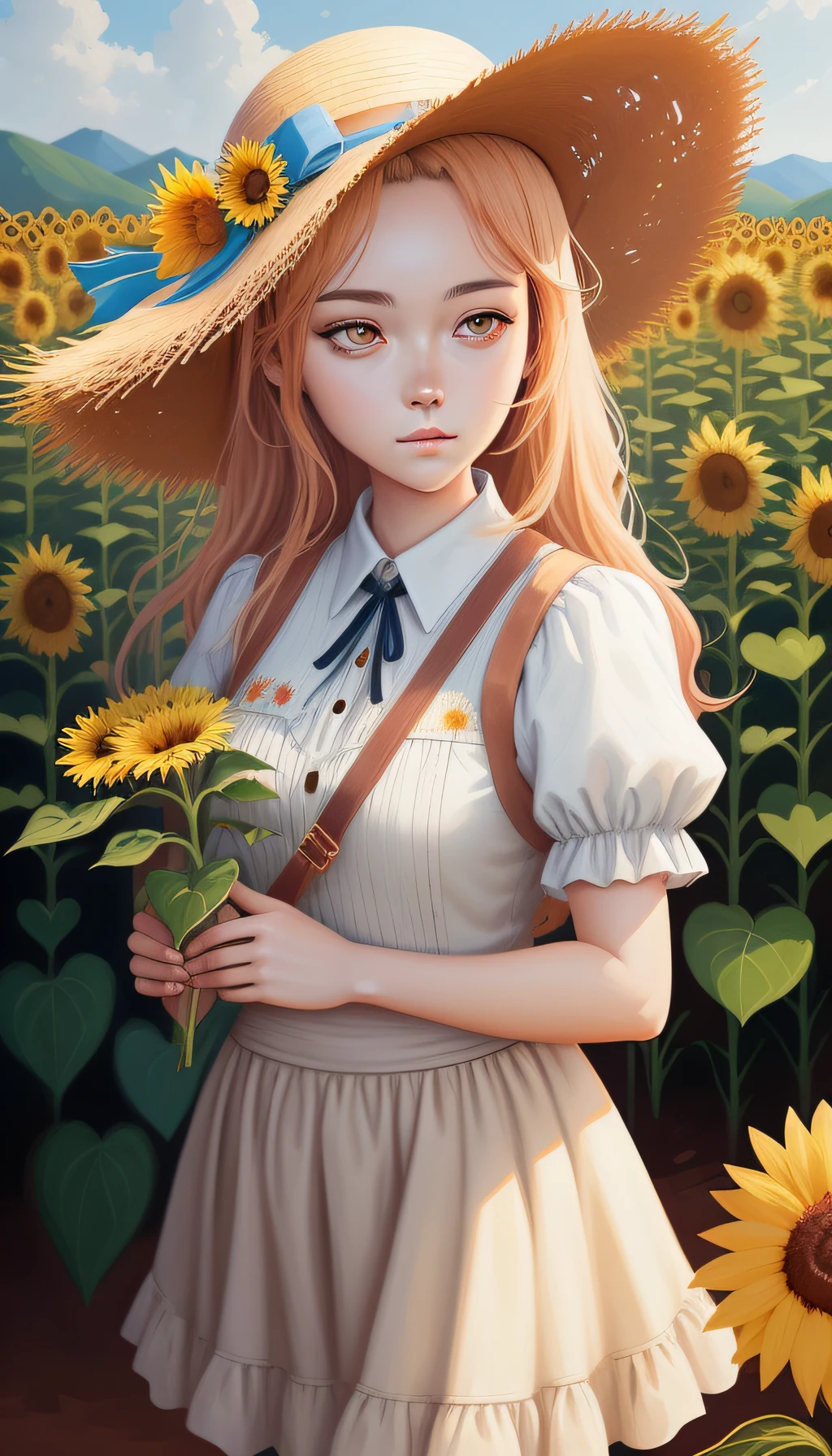 anime girl in a sunflower field with a straw hat, anime girassol bonita, beautiful digital illustration, arte digital detalhada bonito, Arte no estilo de Guweiz, Digital anime illustration, bela arte digital, adorable digital painting, pintado em anime painter studio, retrato bonito do anime, pintura realista da meninao, arte de anime digital detalhada, stunning digital illustration, a beautiful artwork illustration