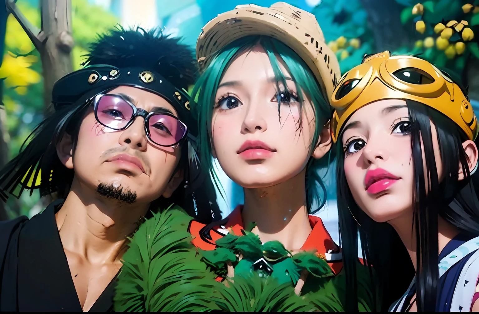 Three people posing for a photo, japanese live action movie, Anime style mixed with Fujifilm, forest punk, studio ghibly style mononoke, satoshi - kon, kemonomimi, Inspired by Tadanori Yokoo, inspired by Yoshihiko Wada, by Ike no Taiga