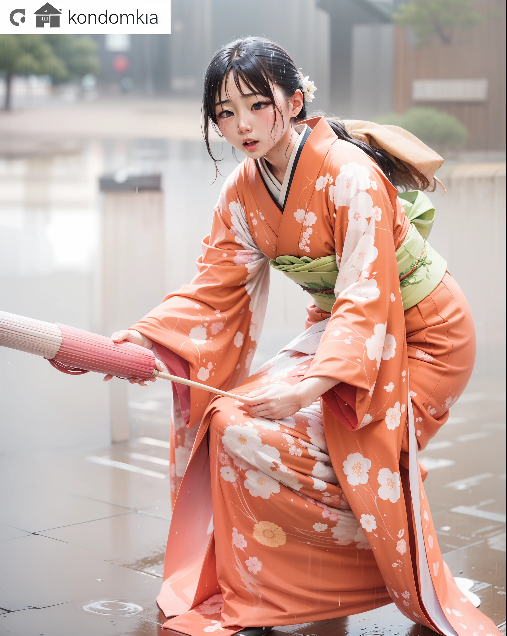 heavy raining、Kimono soaking wet、Rain dripping from kimono