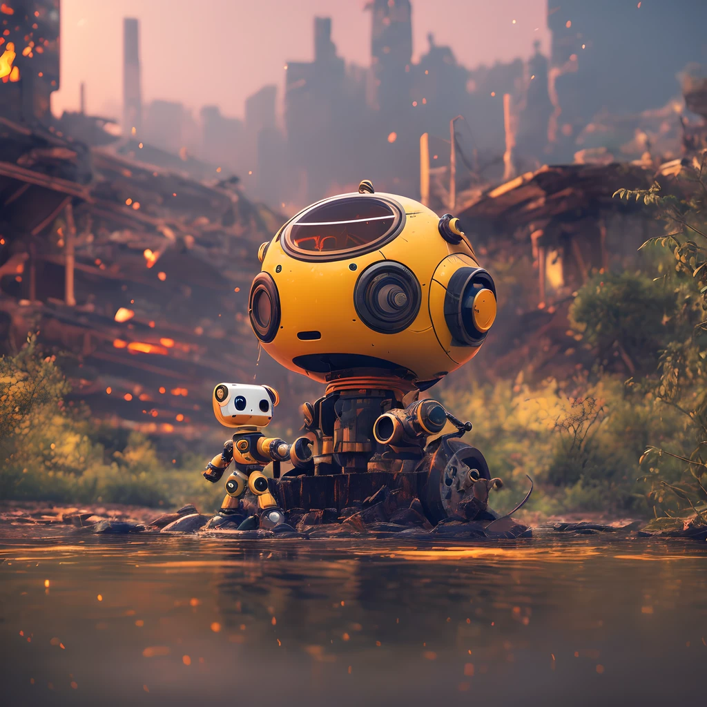 ultra professional cinematic landscape photo of a soaking wet of machine oil cute chibi robot in a pond full of oil in the middle of the abandoned ruined city, ultra maximalism, abandoned city covered by recovering vegetation after nuclear blast atmosphere, background indentation, cinematic, dimmed colors, ultra warm shot, muted colors, orange-pink-yellow colors, film grainy, lut, insane details, intricate details, hyperdetailed, postapocalyptic, twilight, ultra warm panoramic morning detailed background by Wadim Kashin,