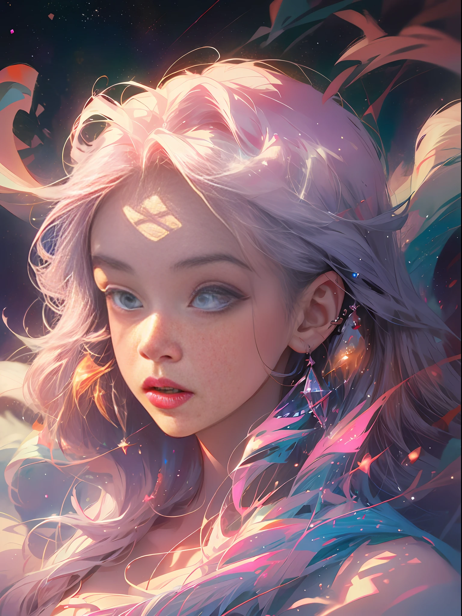celestial goddess， afloat， Pink-white clouds， galaxias， nebulae，Integrate with the cloud，Warm white，Portrait photo，Pastel background，