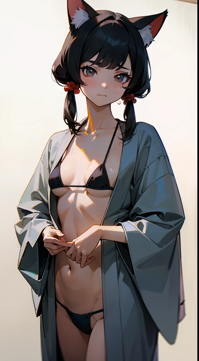 ((Master Masterpiece)), ((Top image quality)), illutstration, The girls１Guys, Hair color, Bangs, Hairstyle Fax,cat ear、 Portrait from the waist up, Slender、Constricted hips、((small udder))、Maiden、kyoto、blackhair、((bathrobe))、((top less))、((microbikini))、、Japan Playground、emotionless、Oiran hairstyle、Japan、paper lantern、