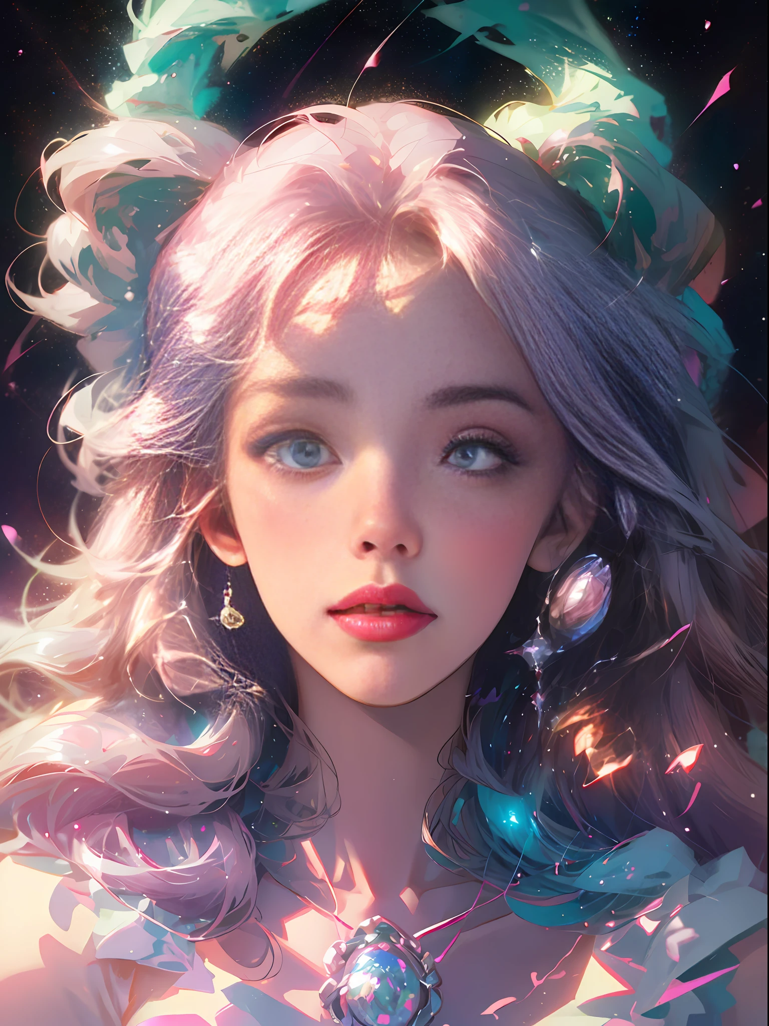 celestial goddess, afloat, Pink-white clouds, galaxias, nebulae,Integrate with the cloud,Warm white,Portrait photo,Pastel background,