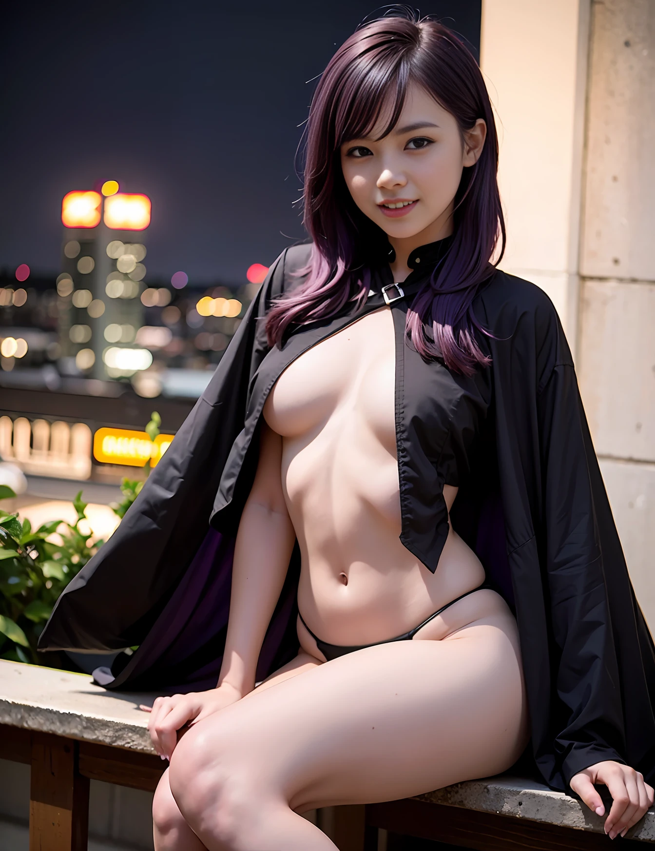 Slim body, Shallow depth of field, (high detailed skin:1.2), 8k UHD, DSLR, High quality, Film Grain, 20mp, Fujifilm XT3, 80mm, Hasselblad, Raw photo, girl having dinner in a rooftop, city lights background, Smiling, ((Purple hair)), Black Cape, sitting
Steps: 30, Size: 672x872, seed: 9