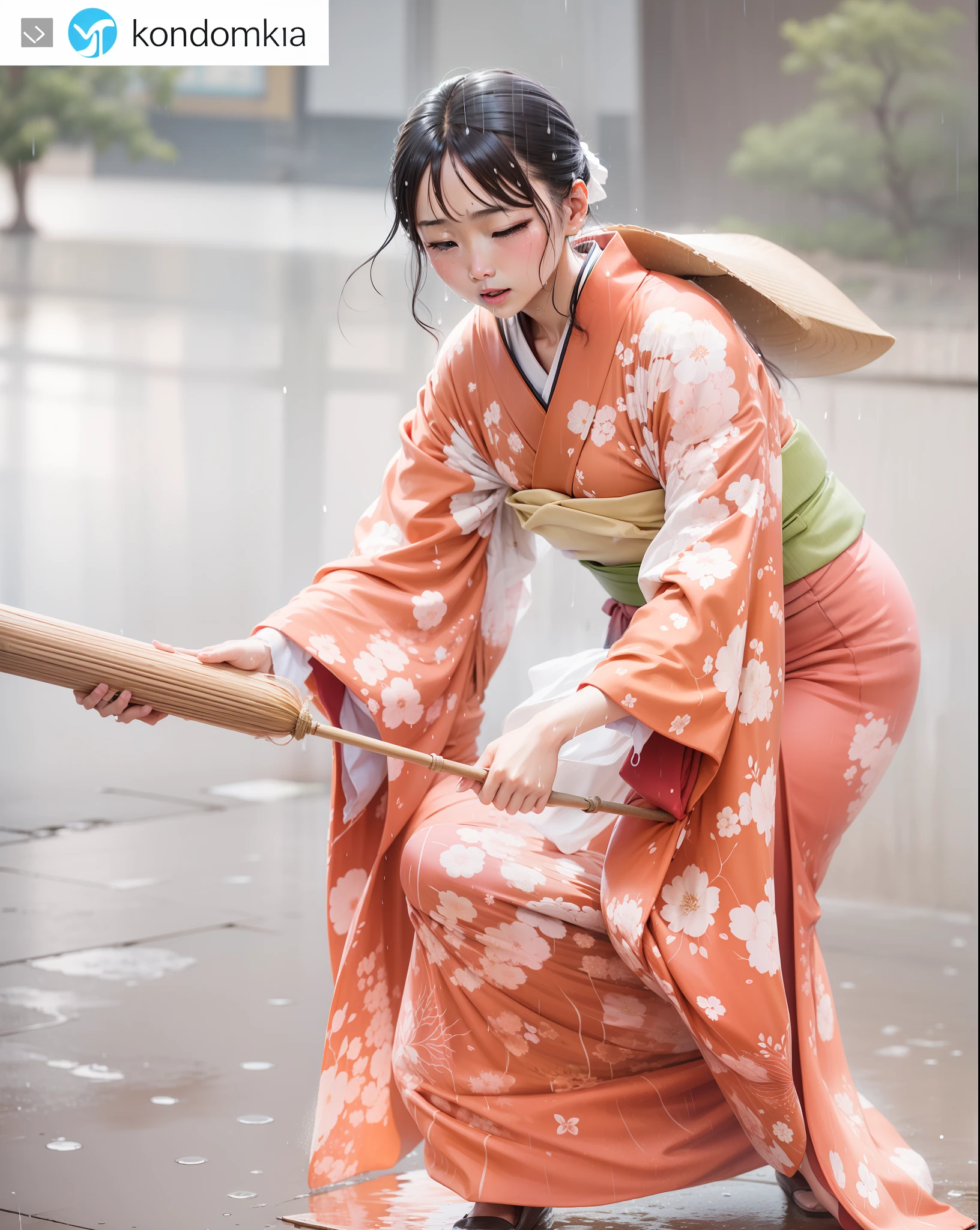 heavy raining、Kimono soaking wet、Rain dripping from kimono
