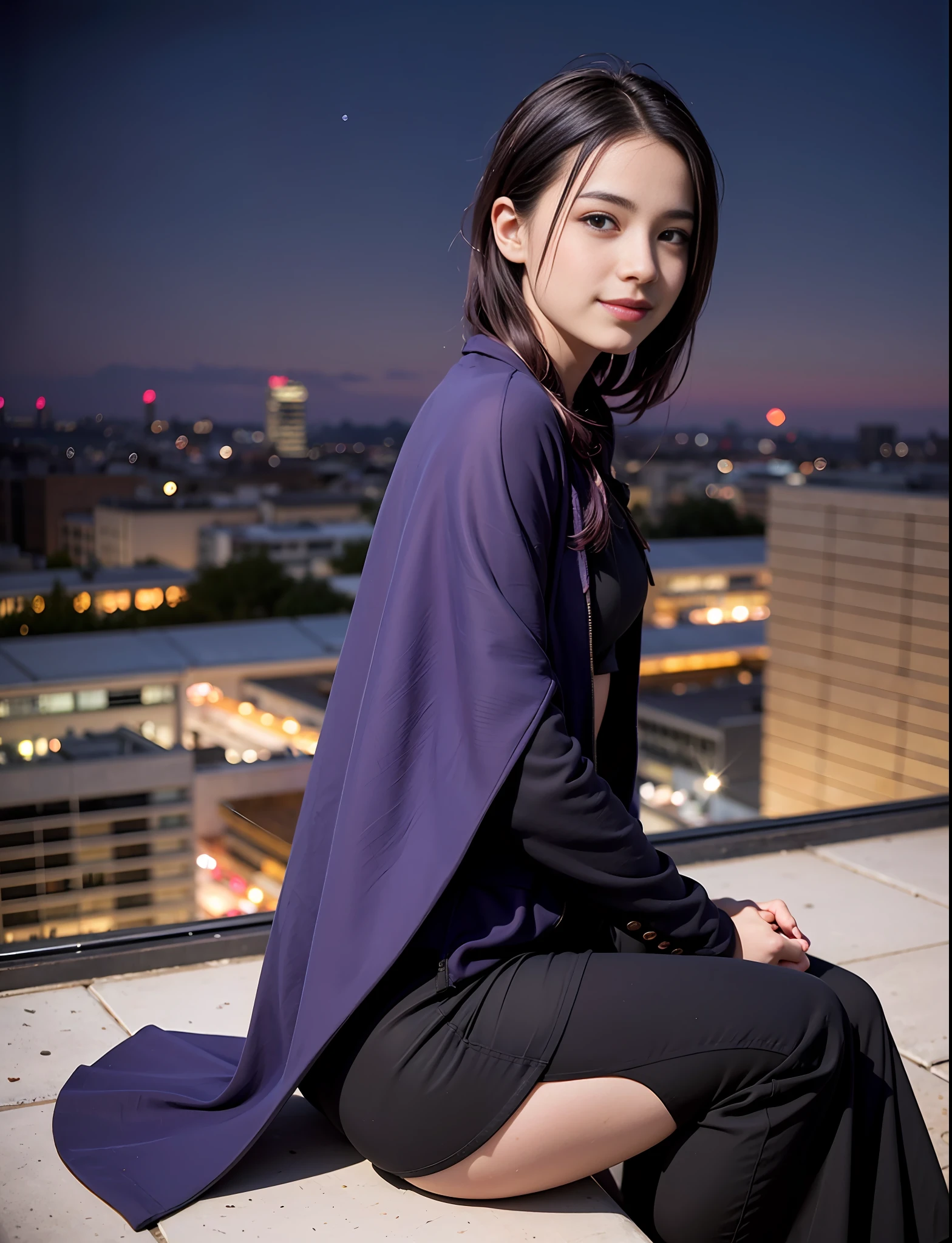 Slim body, Shallow depth of field, (high detailed skin:1.2), 8k UHD, DSLR, High quality, Film Grain, 20mp, Fujifilm XT3, 80mm, Hasselblad, Raw photo, teen girl having dinner in a rooftop, city lights background, Smiling, ((Purple hair)), Black Cape, sitting

Steps: 30, Size: 672x872, seed: 9