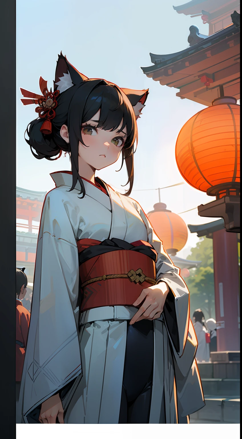 ((Master Masterpiece)), ((Top image quality)), illutstration, The girls1Guys, Hair color, Bangs, Hairstyle Fax,cat ear、 Portrait from the waist up, Slender、Constricted hips、((small udder))、Maiden、kyoto、blackhair、((Swimsuit like a kimono))、、Japan Playground、emotionless、Oiran hairstyle、Japan、paper lantern、