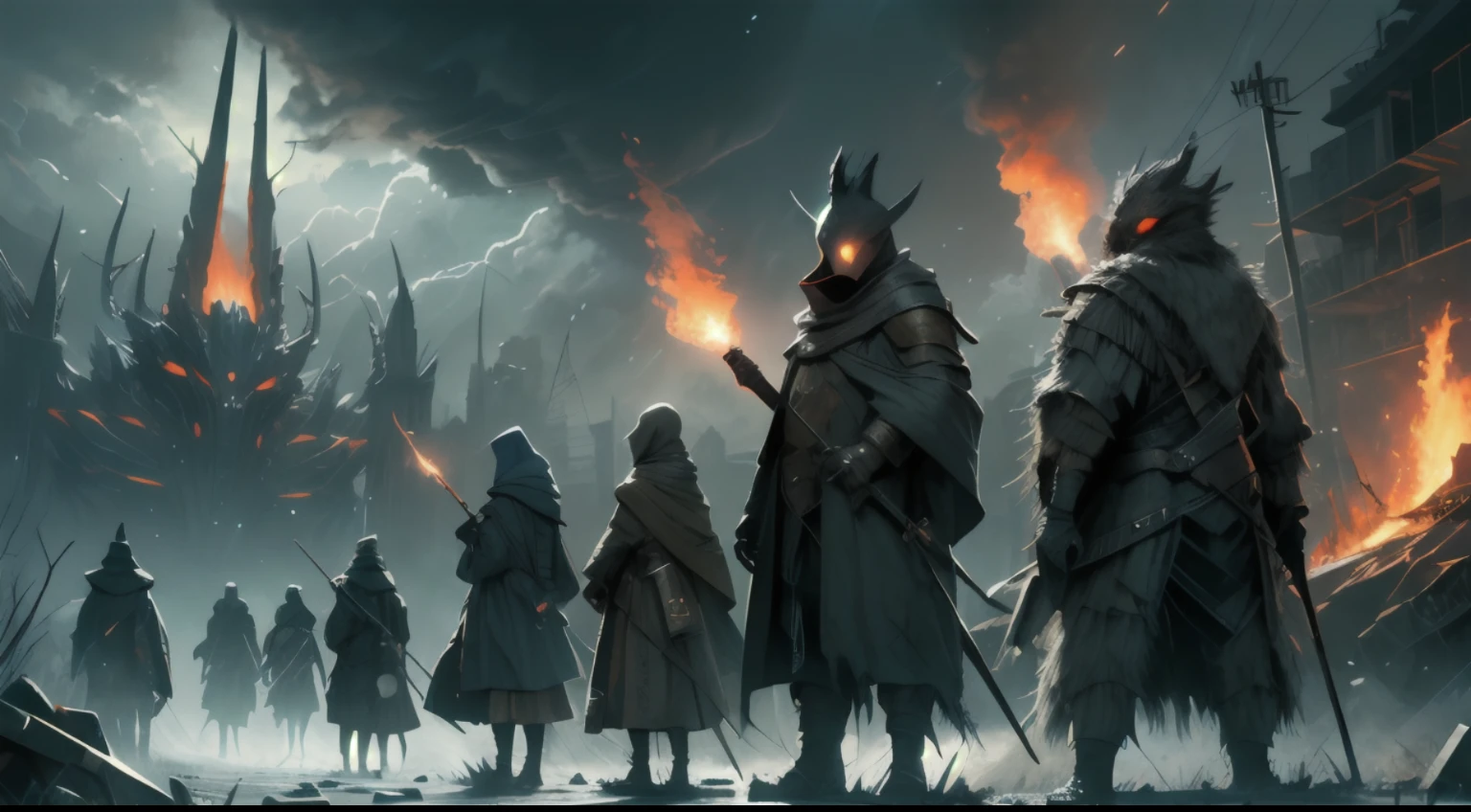 large group of short masked girls standing still holding very long metal sticks warding off evil, (enormous scary creature in the distance), elemental shift, fires in the distance, strange lights in the sky, windswept ruined city background gloomy, dark, ominous more details