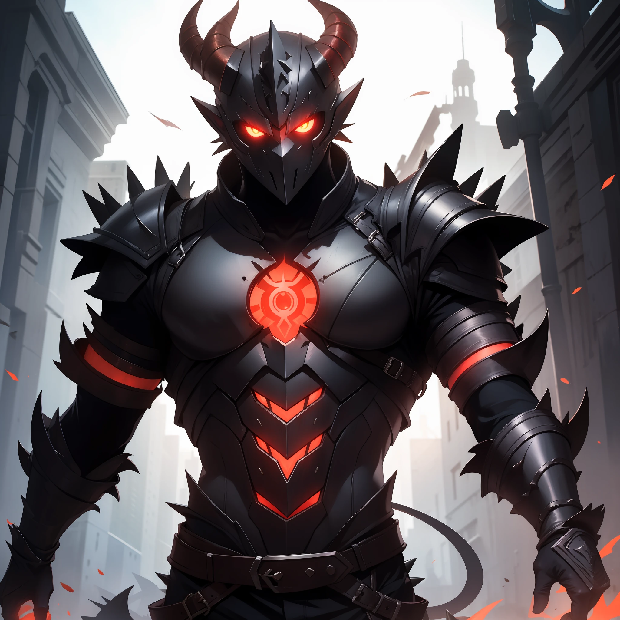 solo male, demon, horns, gladiator armor, muscular, red glowing eyes, covered face, spikes