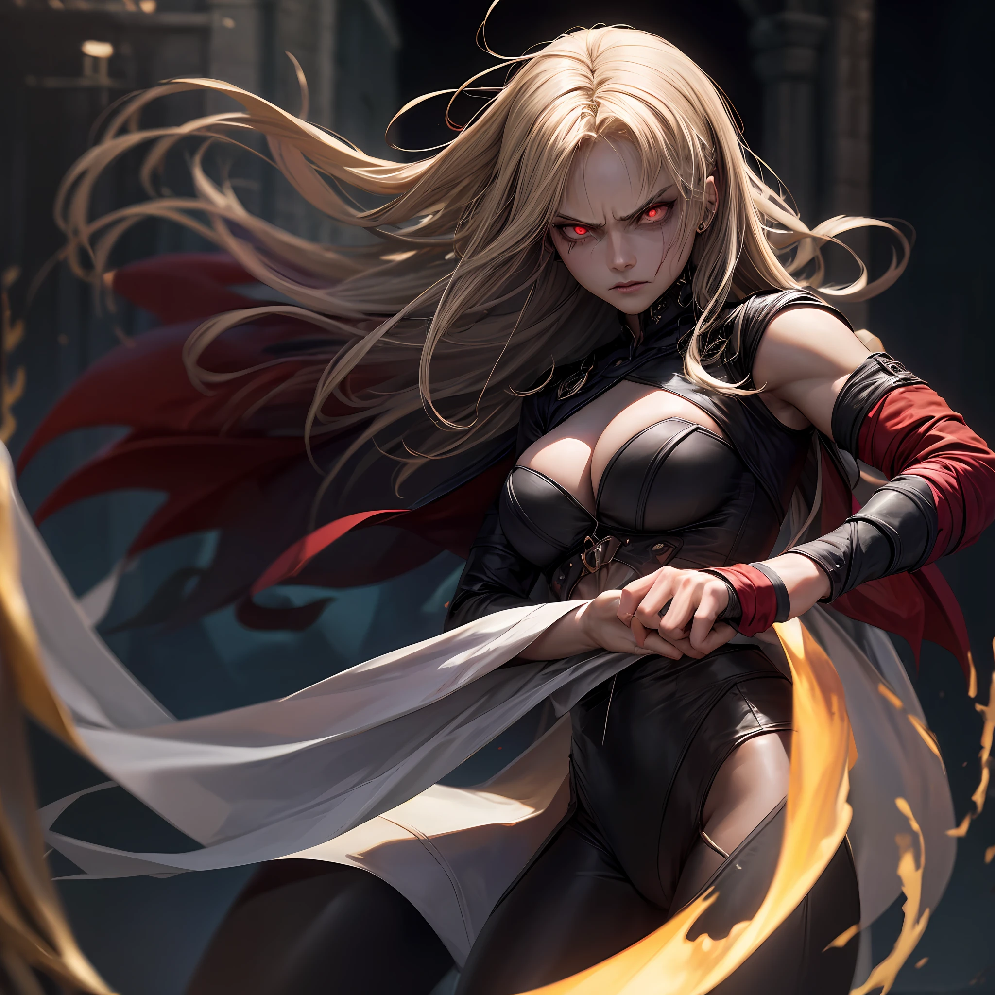 a young, blonde woman in a black body wrap, wounded and bleeding, dead serious, demonic expression. She is unarmed and her hands are bare. The background is neutral, but the woman remains the central focus of the image, and her determined expression and presence suggest a strong, defiant spirit glowing red eyes, pretty face, evil look, covered in blood, assassin eyes, wounded, hurted, winner in battle, magic black circle around wrist, muscular, glowing red eyes, feral eye pupil. Dark souls style, Medieval, spirited, angry.