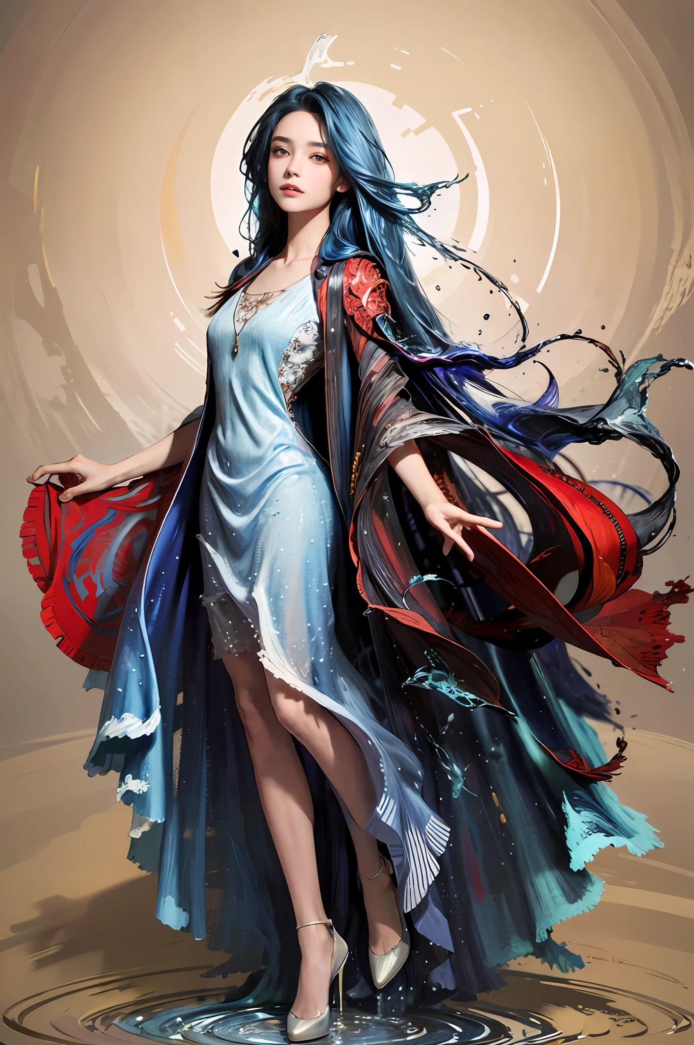 (masterpiece, best quality, high quality, highres, ultra-detailed), 1girl,solo,light_blue_hair,(liquid hair:1.2),liquid shoes,  long hair,floating hair, full body, standing,sundress, liquid clothes,water dress,  best quality, 8k, detailed skin texture,  beautiful detailed face, intricate details, ultra detailed,dancing,    skirt_tail,