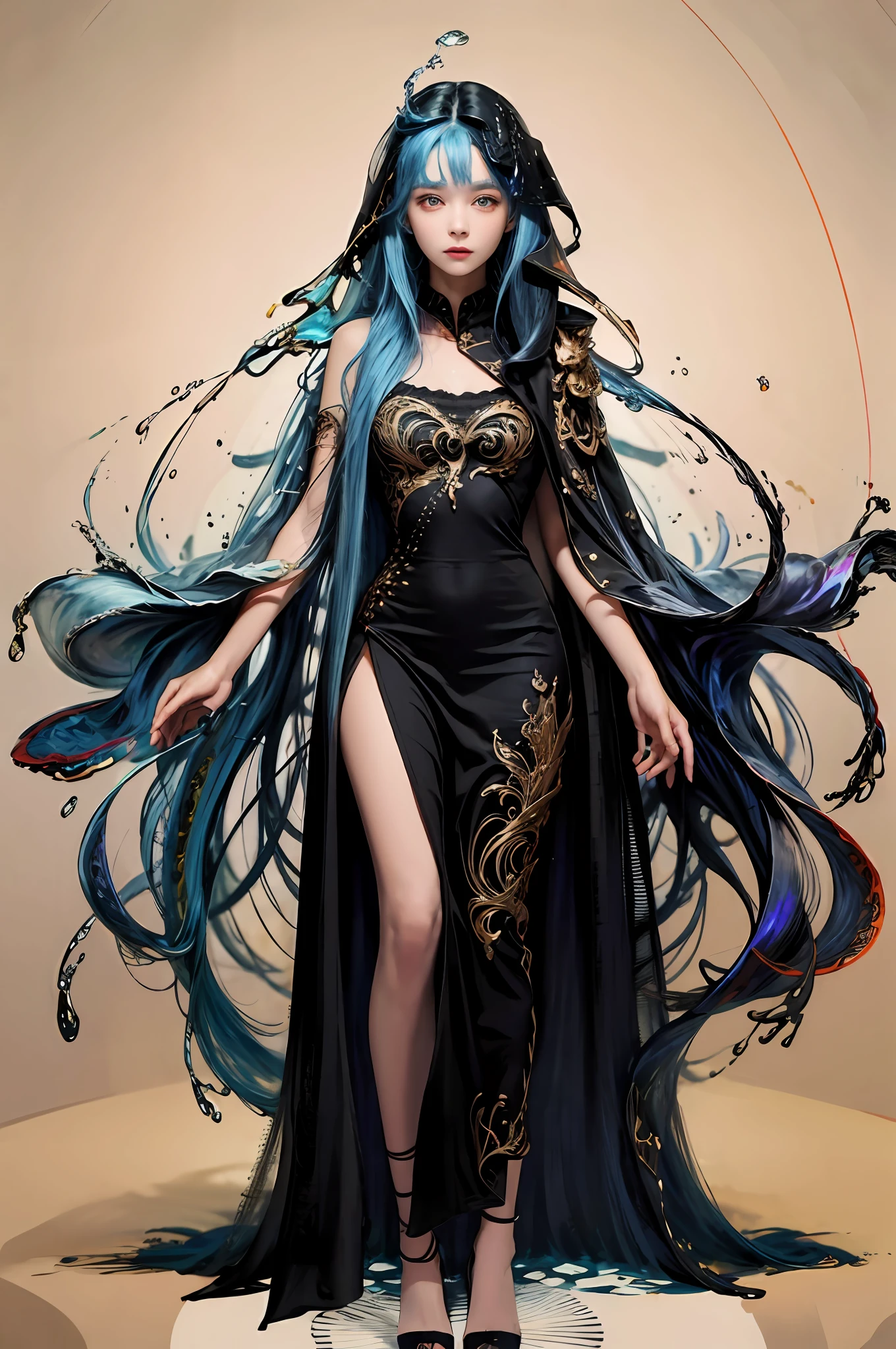 (masterpiece, best quality, high quality, highres, ultra-detailed), 1girl,solo,light_blue_hair,(liquid hair:1.2),liquid shoes,  long hair,floating hair, full body, standing,sundress, liquid clothes,water dress,  best quality, 8k, detailed skin texture,  beautiful detailed face, intricate details, ultra detailed,dancing,    skirt_tail,